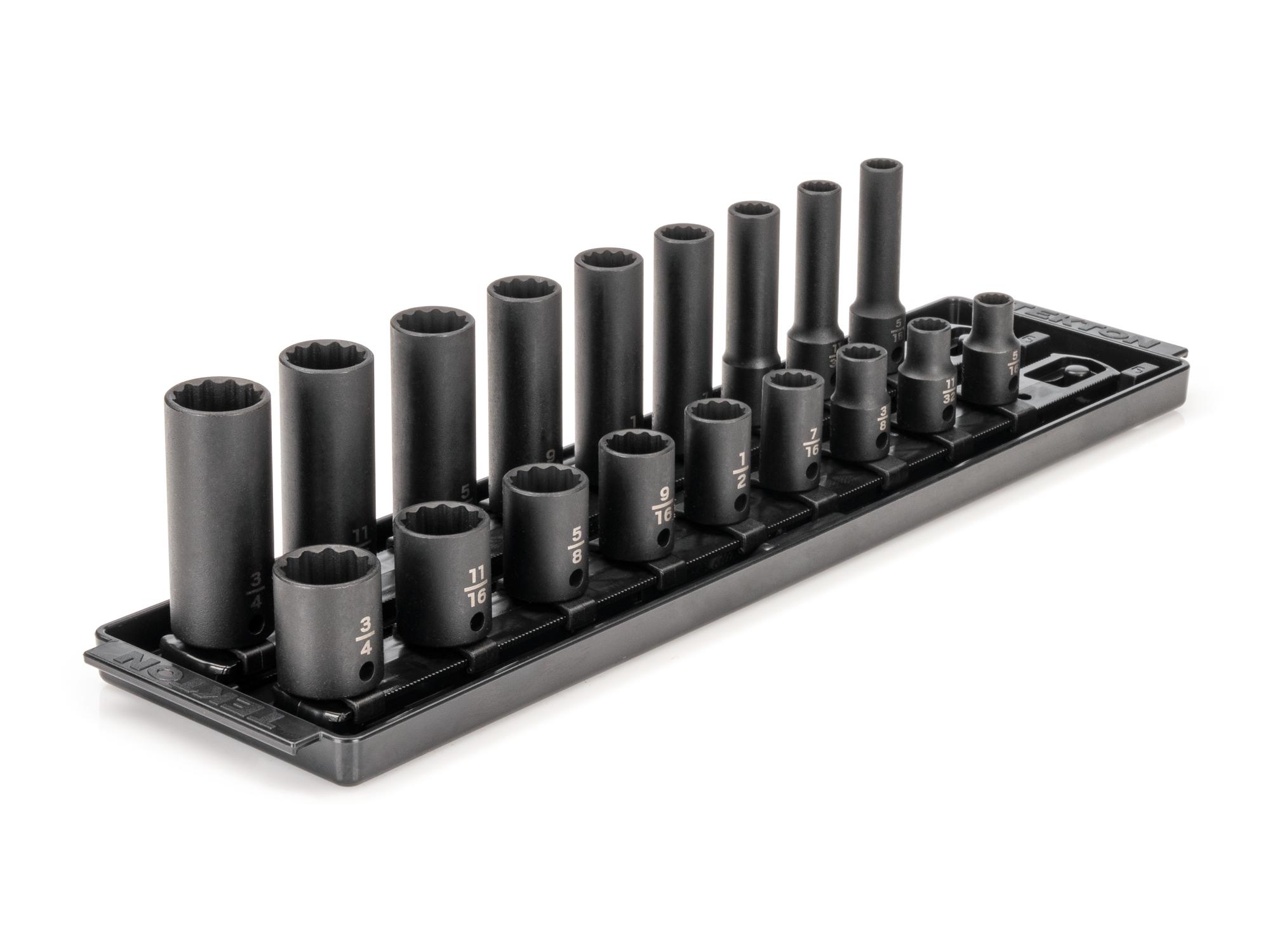 Front-right angle view of Tekton rail impact drive 12-point socket set. Item #SID91212