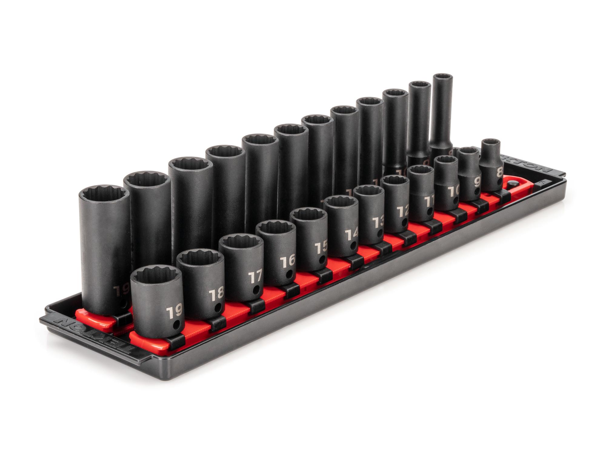 Front-right angle view of Tekton rail impact drive 12-point socket set. Item #SID91213
