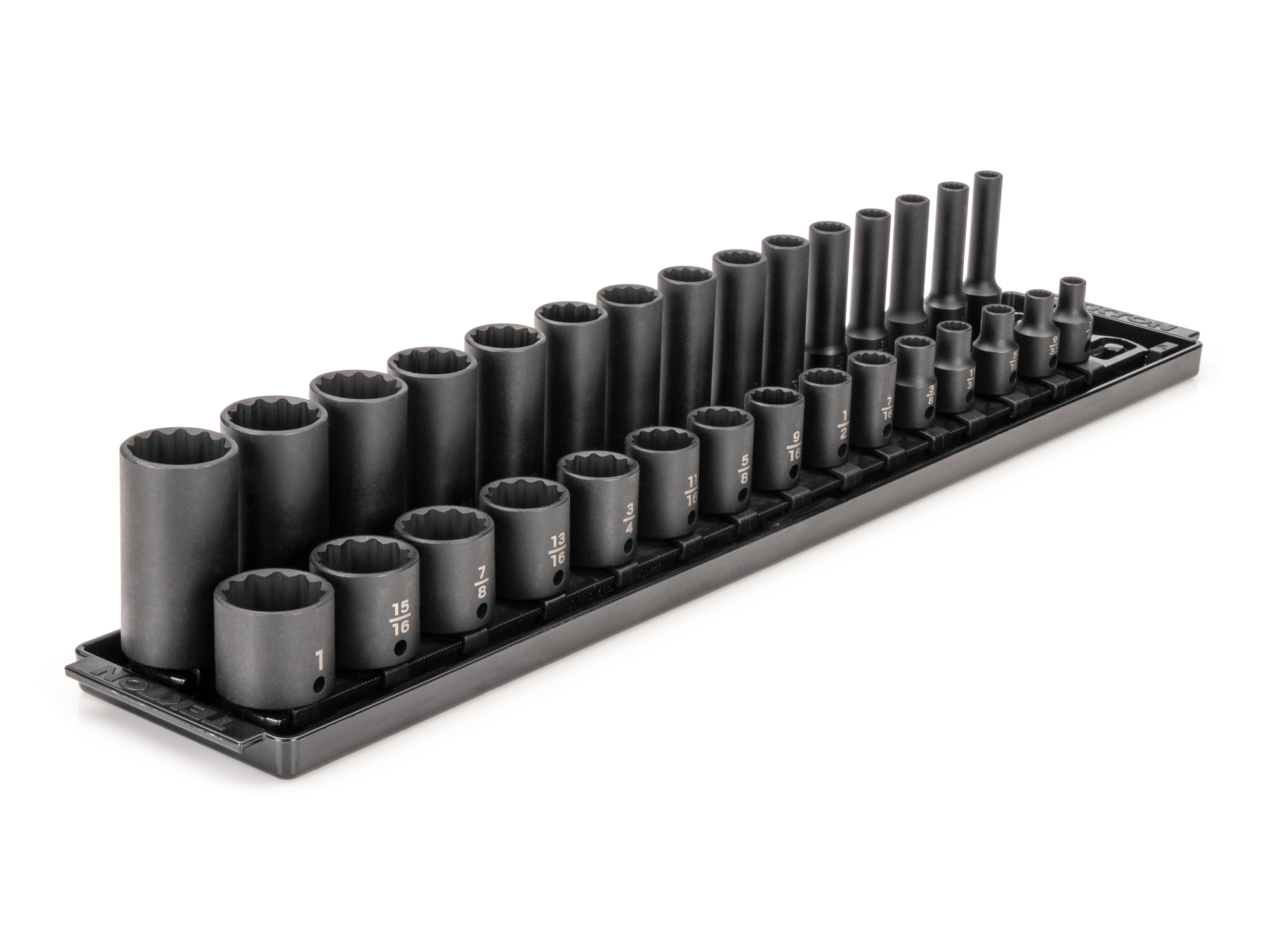 TEKTON 3/8 Inch Drive 12-Point Impact Socket Set with Rails and Tray, 30-Piece (1/4-1 in.)