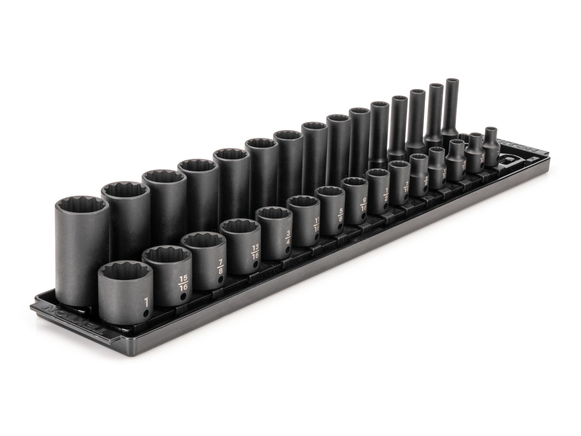 3/8 Inch Drive Shallow and Deep 12-Point Impact Socket Set with Rails and Tray (30-Piece)