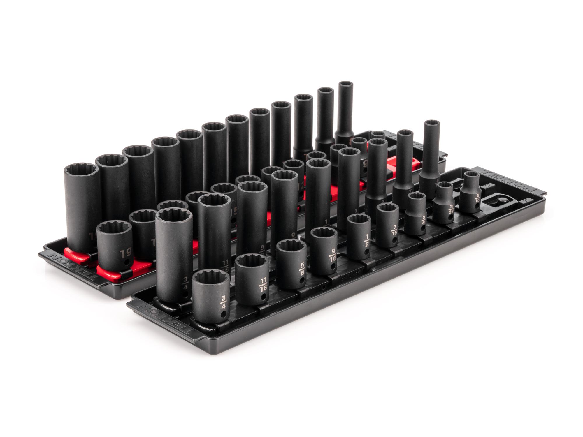 3/8 Inch Drive Shallow and Deep 12-Point Impact Socket Set with Rails and Trays (42-Piece)