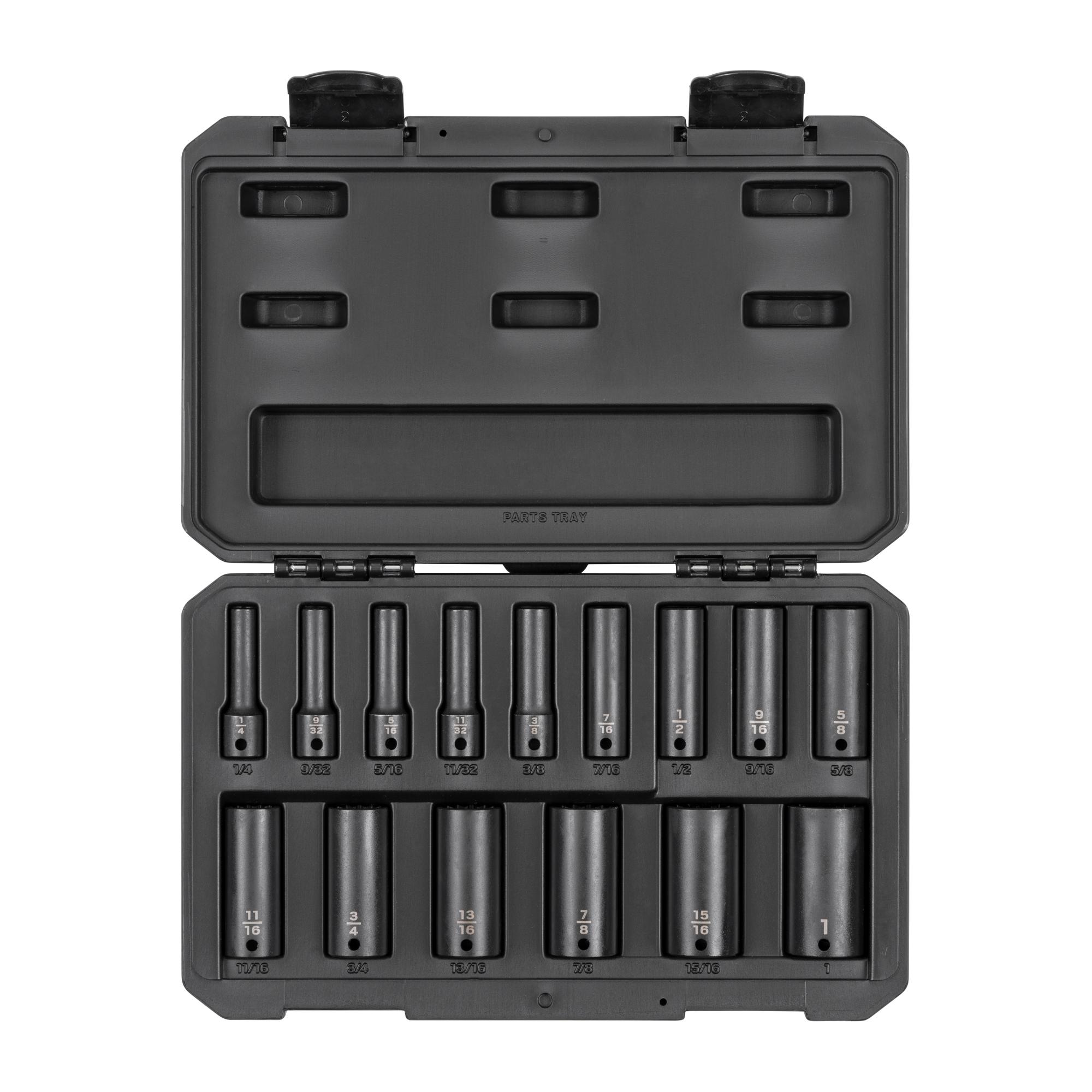 Front view of Tekton case impact drive 12-point socket set. Item #SID91305