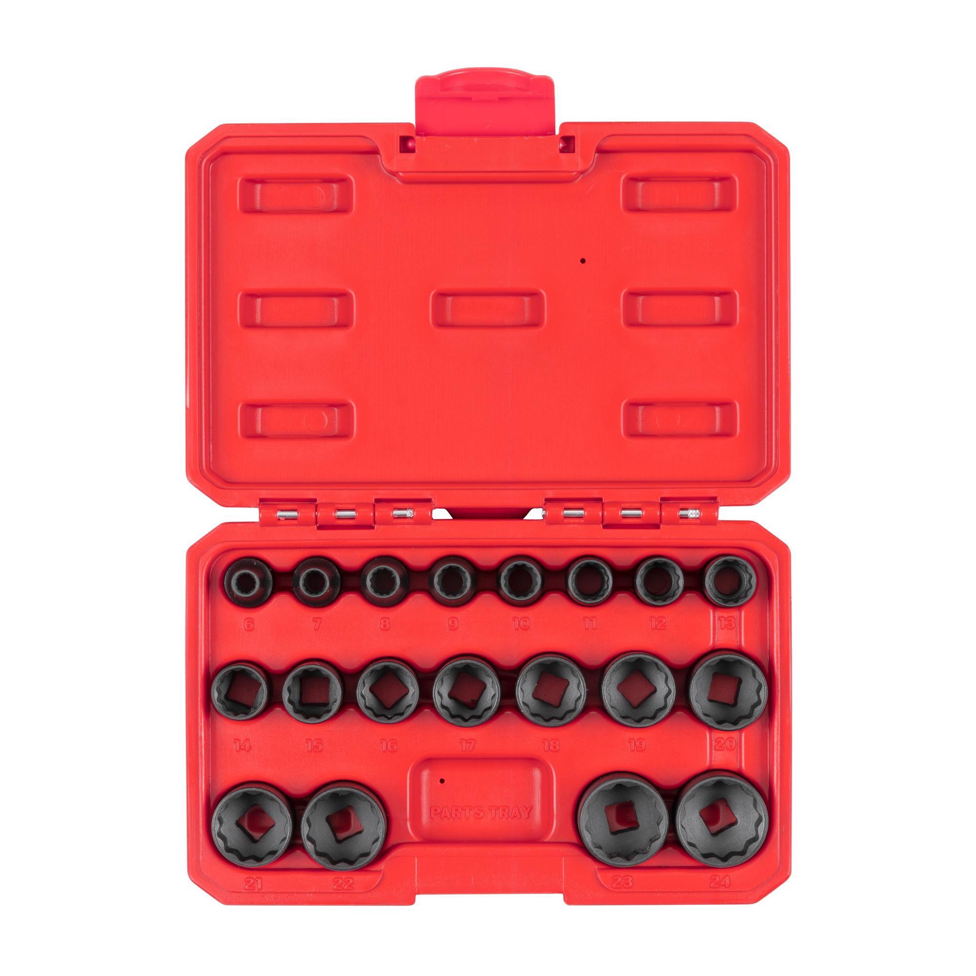 Front view of Tekton case impact drive 12-point socket set. Item #SID91306