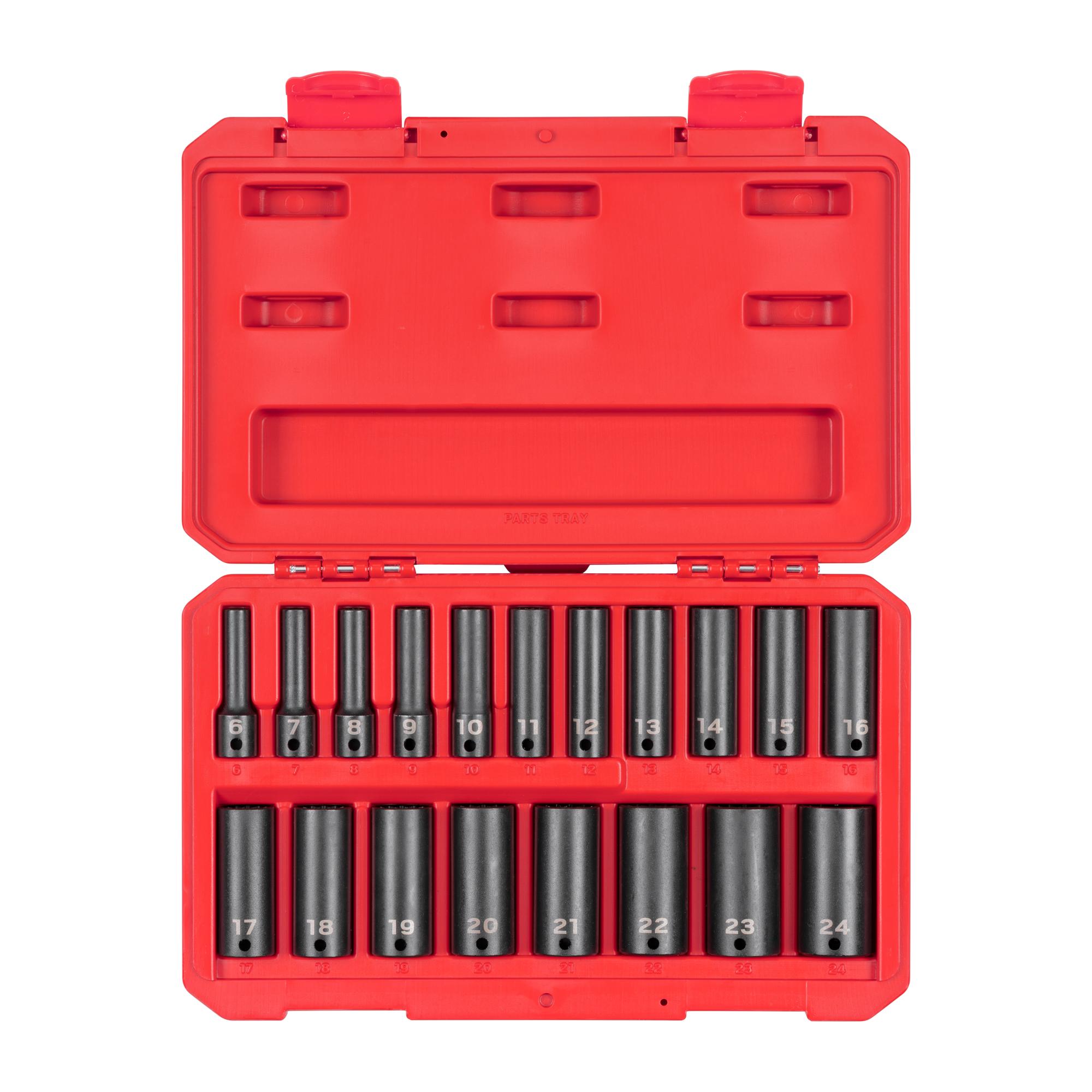 Front view of Tekton case impact drive 12-point socket set. Item #SID91307