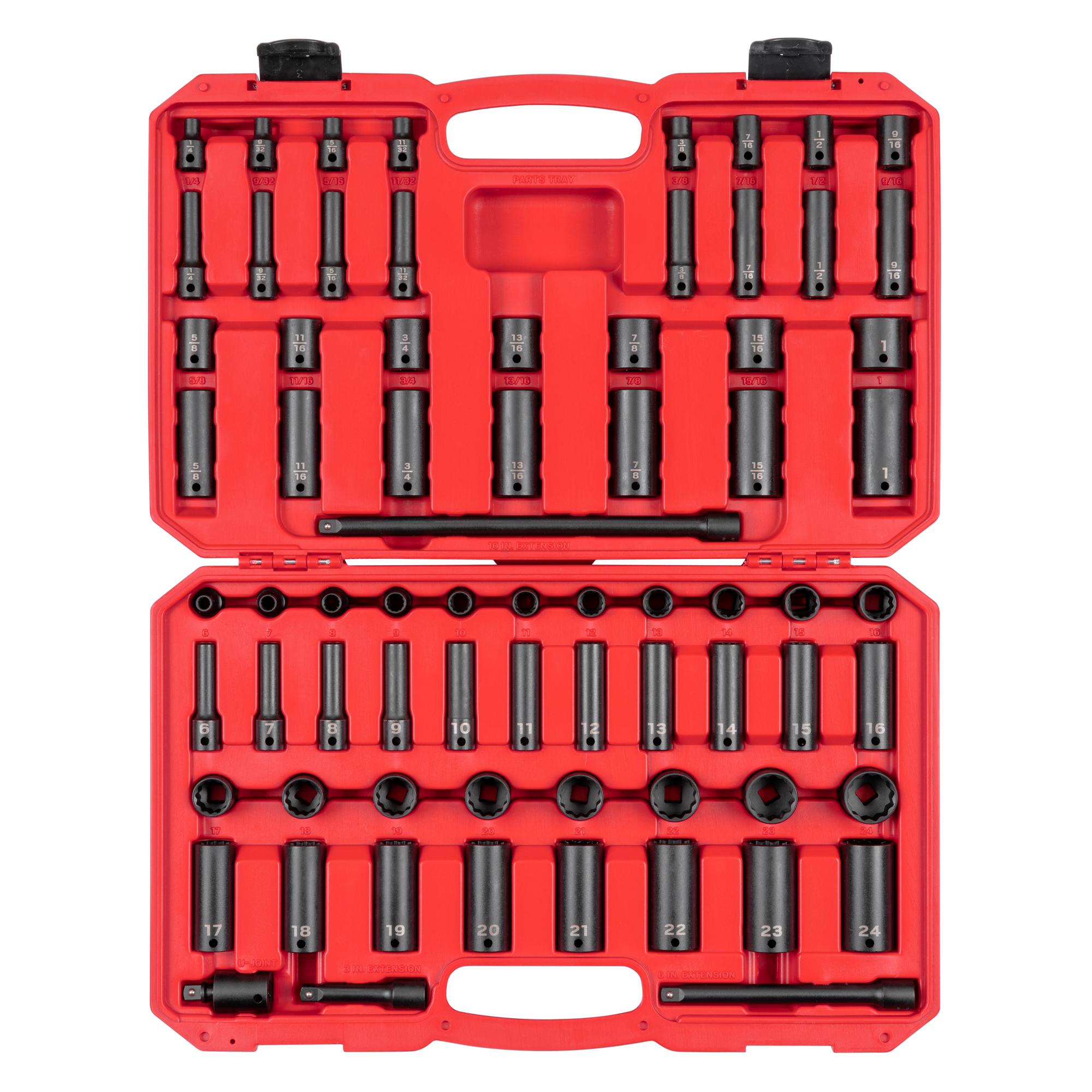 3/8 Inch Drive Shallow and Deep 12-Point Impact Socket and Accessory Set with Case (72-Piece)