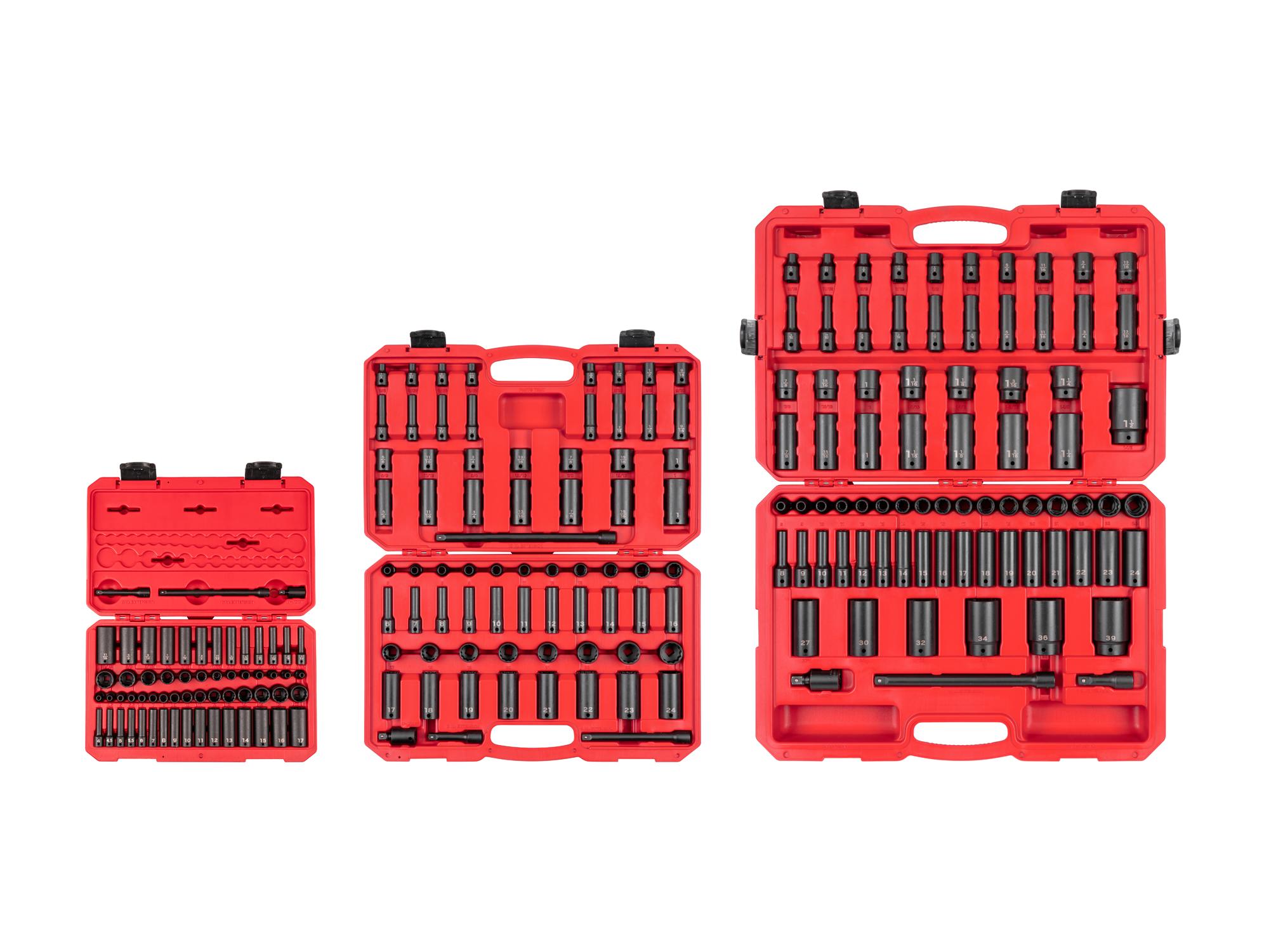 1/4, 3/8, 1/2 Inch Drive Shallow and Deep 12-Point Impact Socket and Accessory Set with Cases (211-Piece)