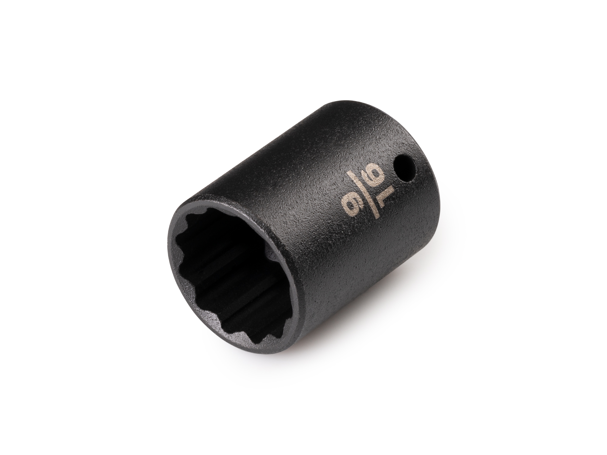 Size: 9/16 inch (SAE) 12-point impact socket. Has a high-visibility laser etched size marking and a permanent stamped size marking. SID02214.