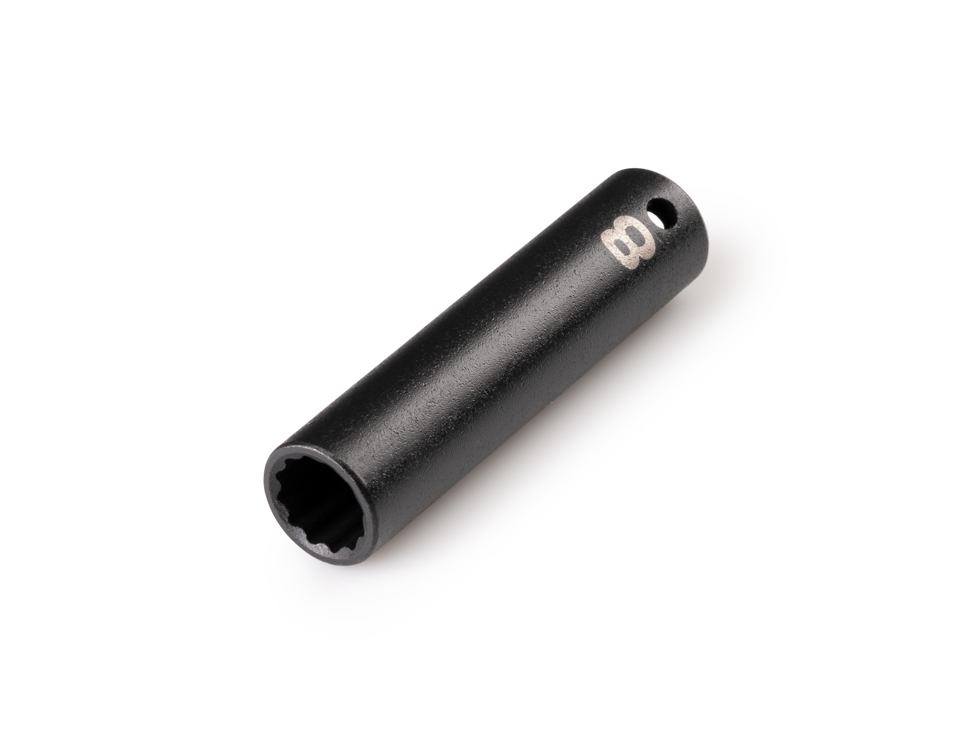 Size: 8 mm (metric) deep 12-point impact socket. Has a high-visibility laser etched size marking and a permanent stamped size marking. SID03308.