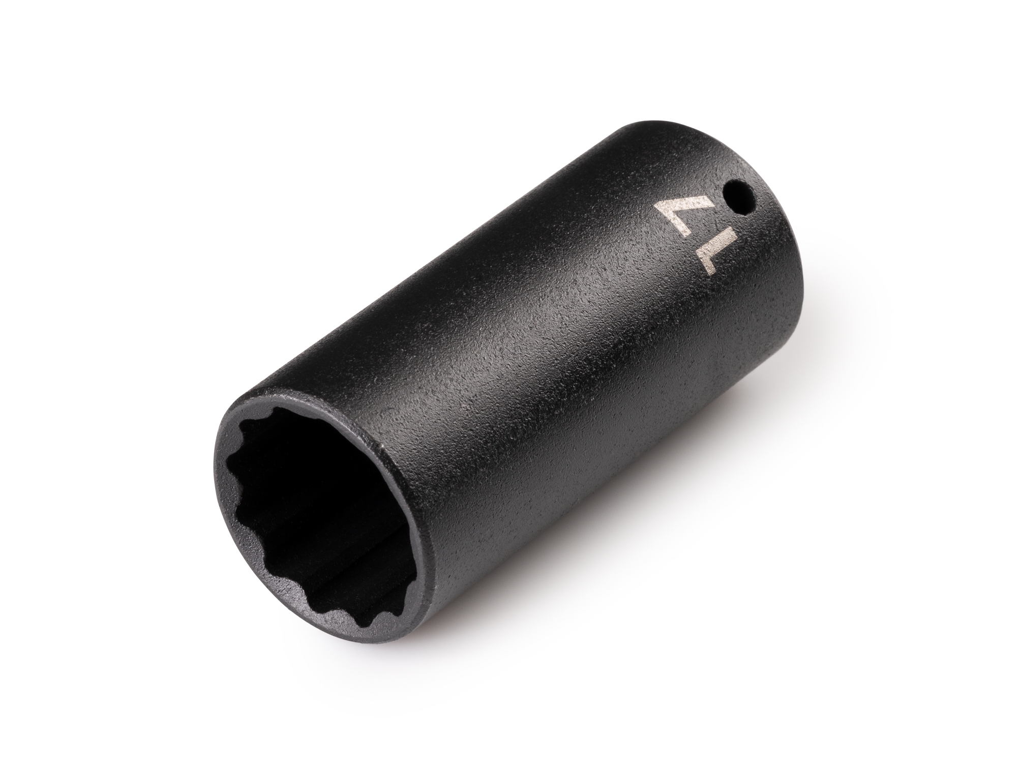 Size: 17 mm (metric) deep 12-point impact socket. Has a high-visibility laser etched size marking and a permanent stamped size marking. SID03317.