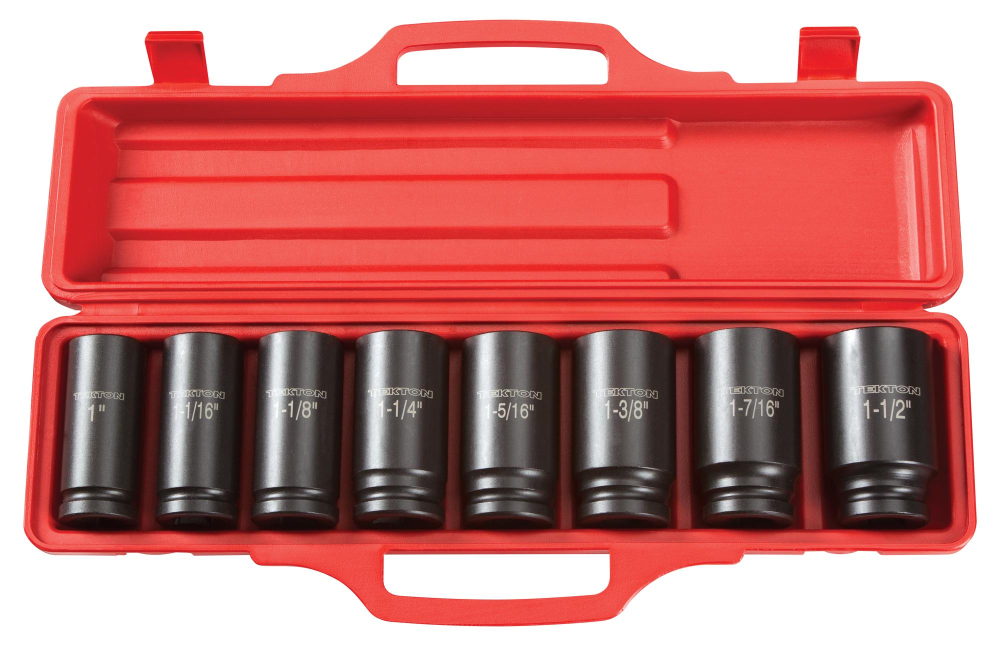 Front view of Tekton case impact drive 6-point socket set. Item #4891