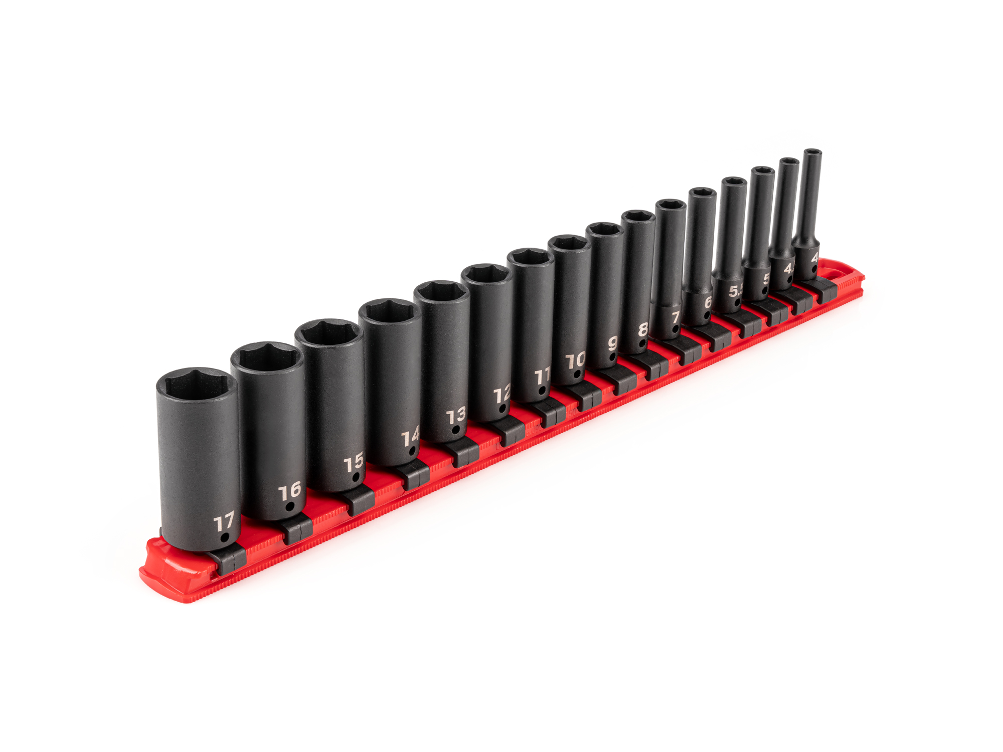 TEKTON 1/4 Inch Drive Deep 6-Point Impact Socket Set with Rail, 16-Piece (4-17 mm)