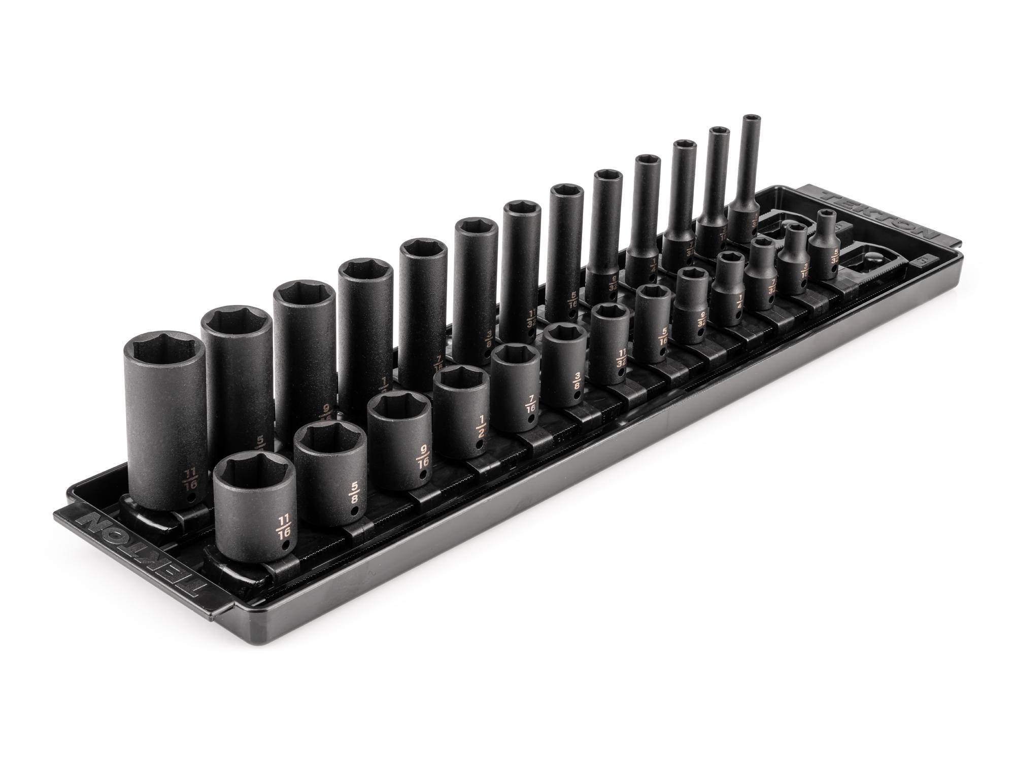 1/4 Inch Drive Shallow and Deep 6-Point Impact Socket Set with Rails and Tray (26-Piece)