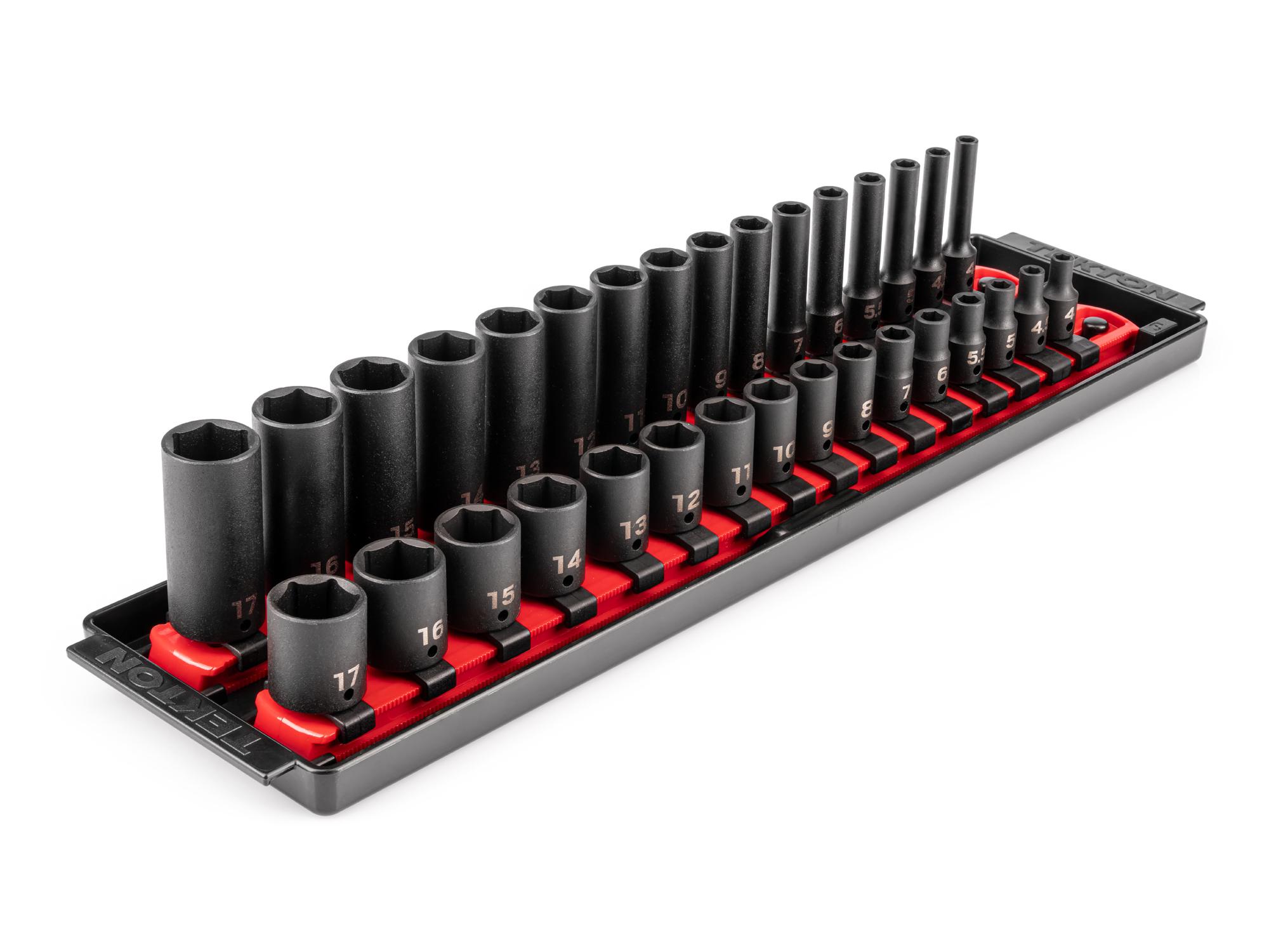 1/4 Inch Drive Shallow and Deep 6-Point Impact Socket Set with Rails and Tray (32-Piece)