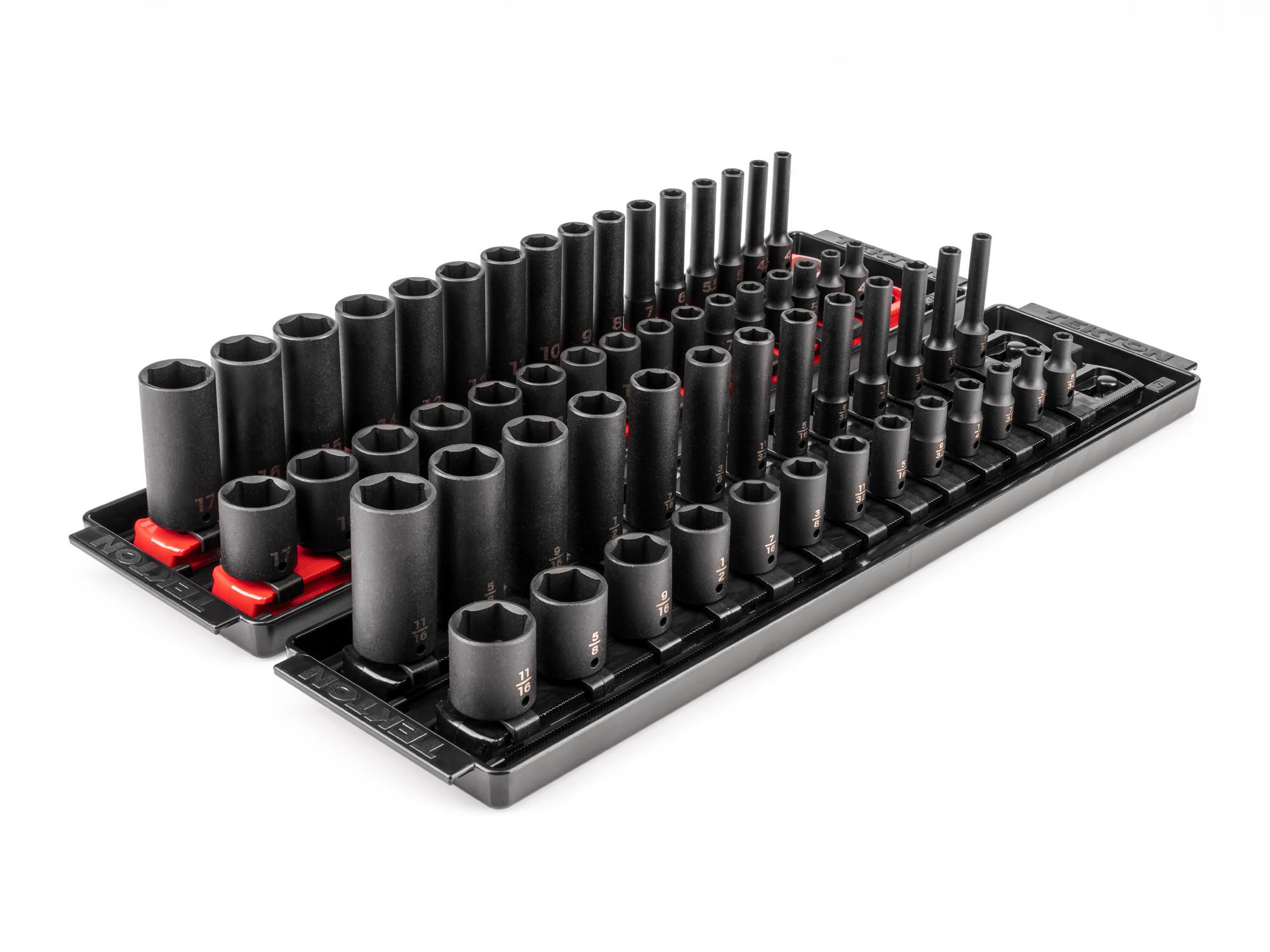 1/4 Inch Drive Shallow and Deep 6-Point Impact Socket Set with Rails and Trays (58-Piece)