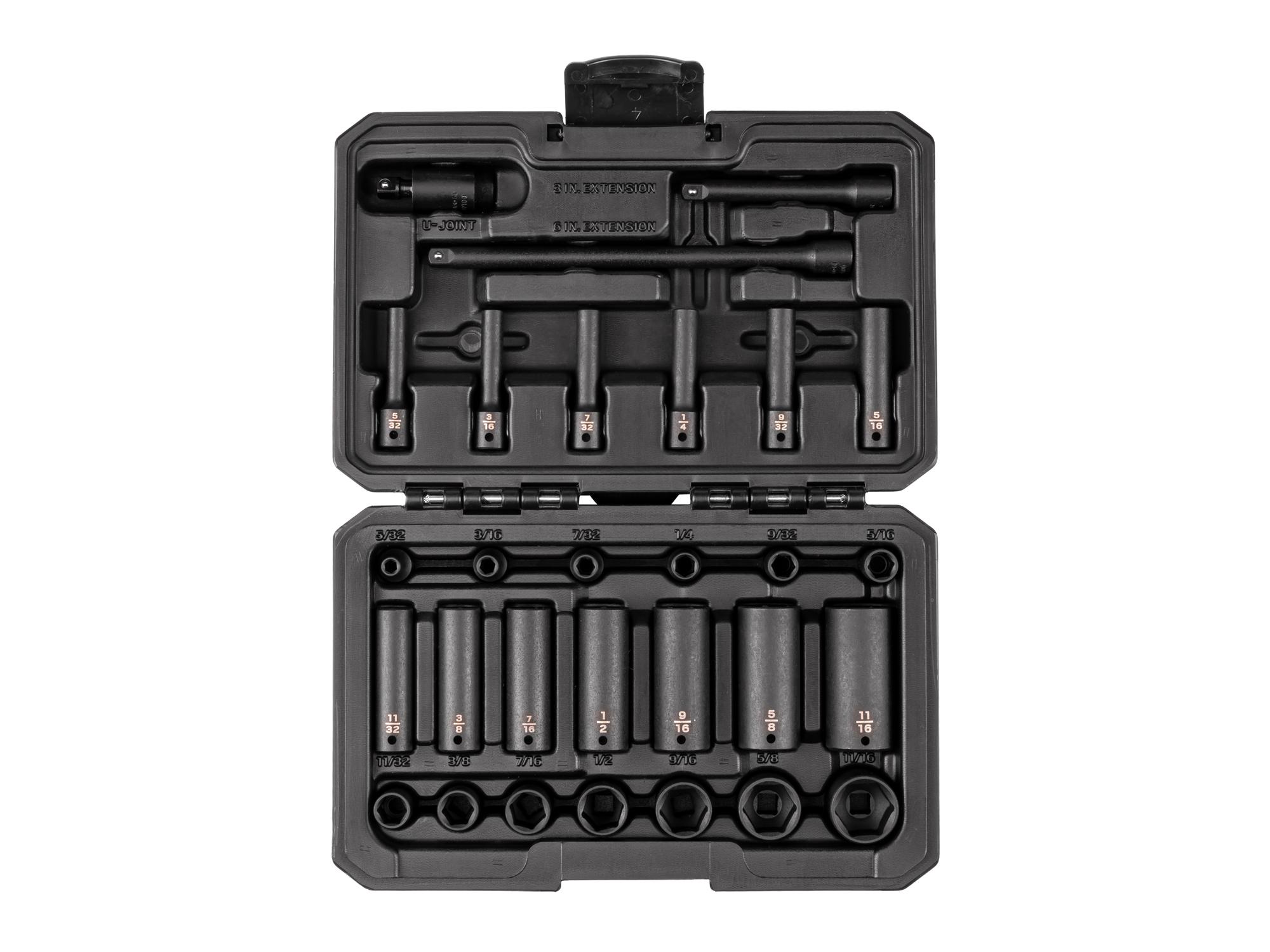 1/4 Inch Drive Shallow 6-Point Impact Socket and Accessory Set with Case (29-Piece)