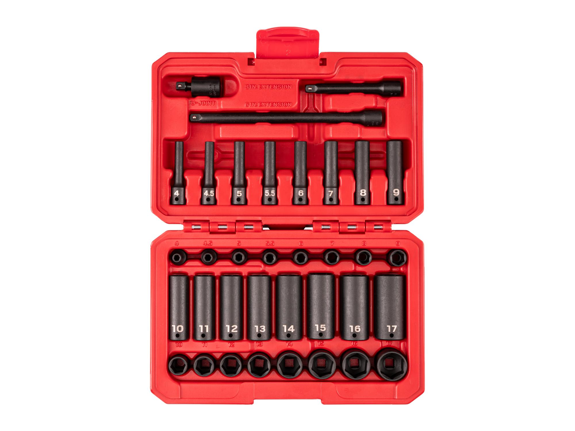1/4 Inch Drive Shallow 6-Point Impact Socket and Accessory Set with Case (35-Piece)