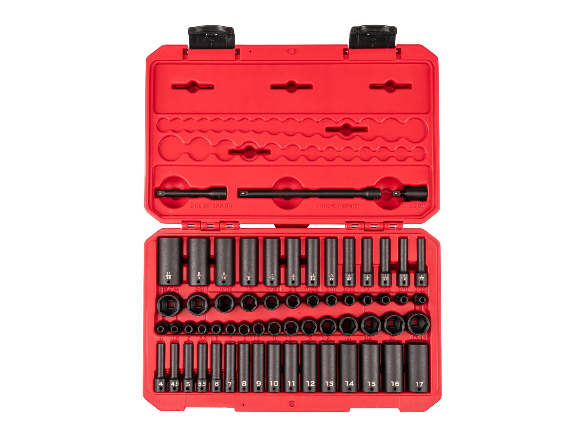 1/4 Inch Drive Shallow and Deep 6-Point Impact Socket and Accessory Set with Case (61-Piece)