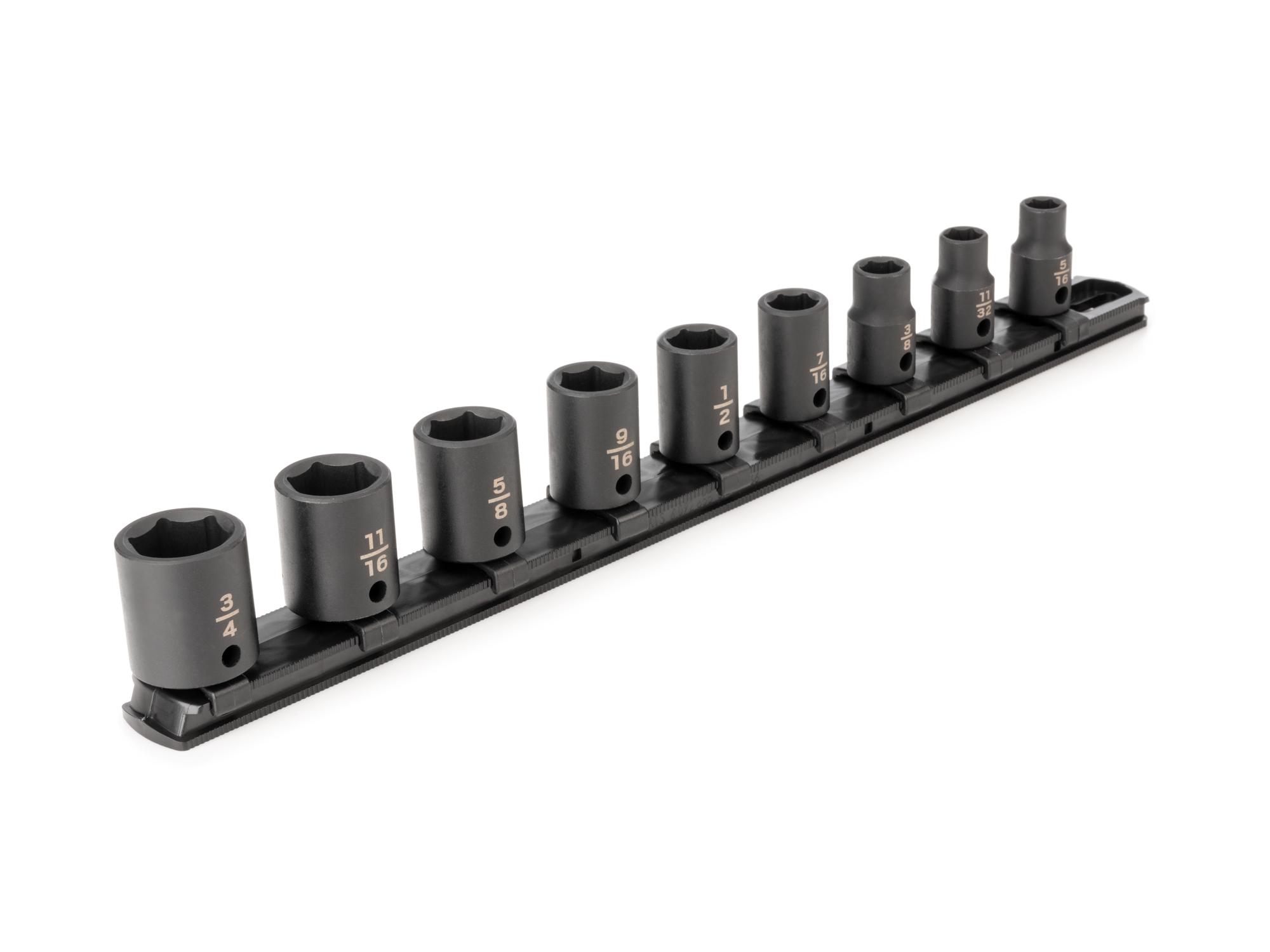 3/8 Inch Drive Shallow 6-Point Impact Socket Set with Rail (9-Piece)