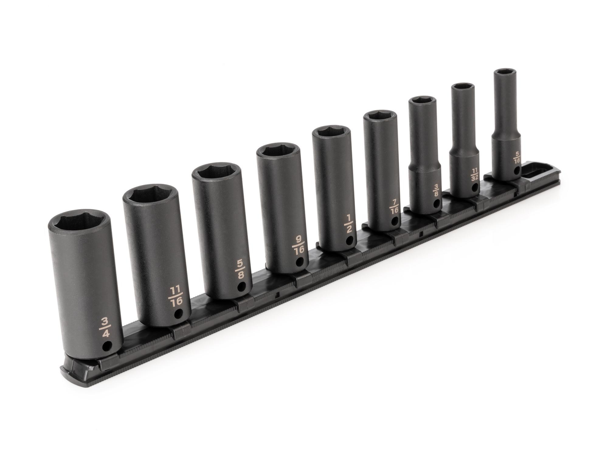 3/8 Inch Drive Deep 6-Point Impact Socket Set with Rail (9-Piece)