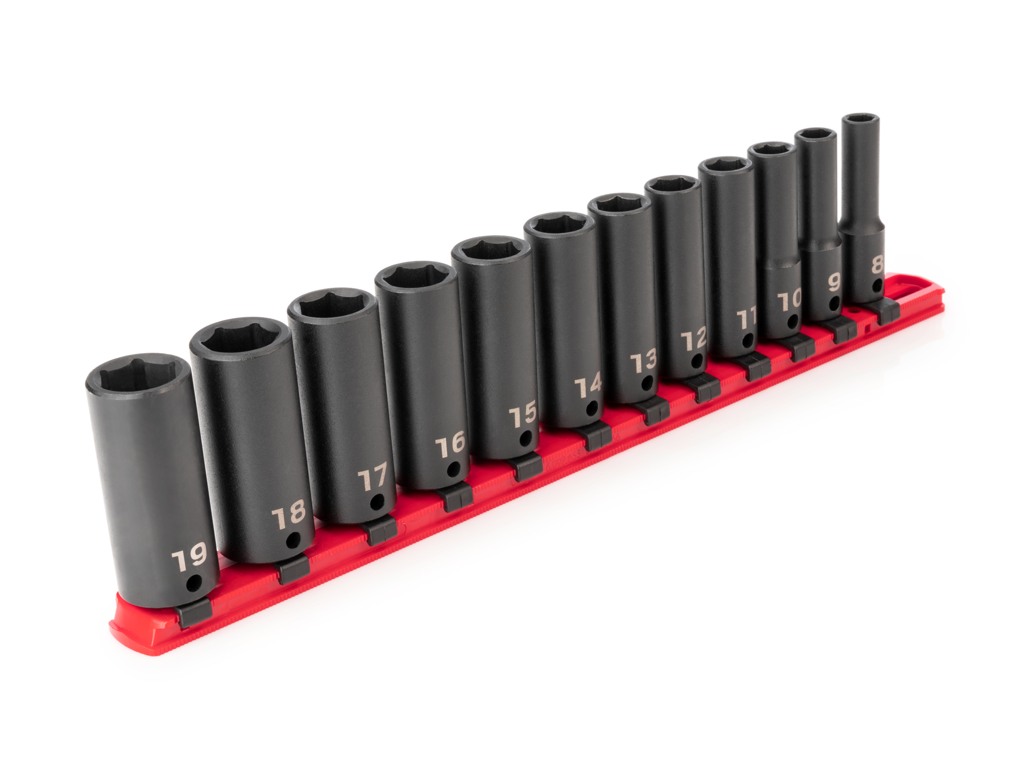 TEKTON 3/8 Inch Drive Deep 6-Point Impact Socket Set with Rail, 12-Piece (8-19 mm)