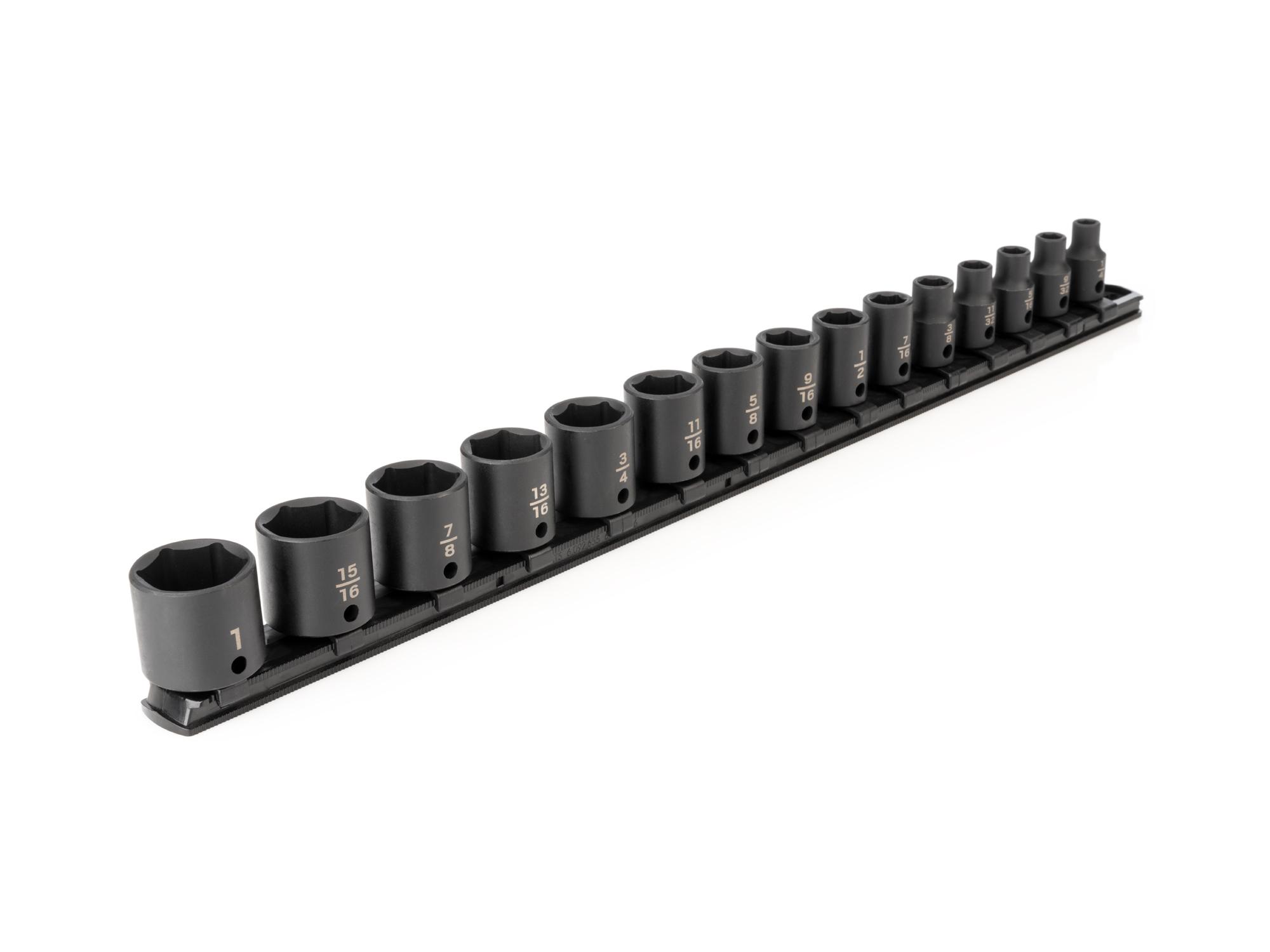 Front-right angle view of Tekton rail impact drive 6-point socket set. Item #SID91104