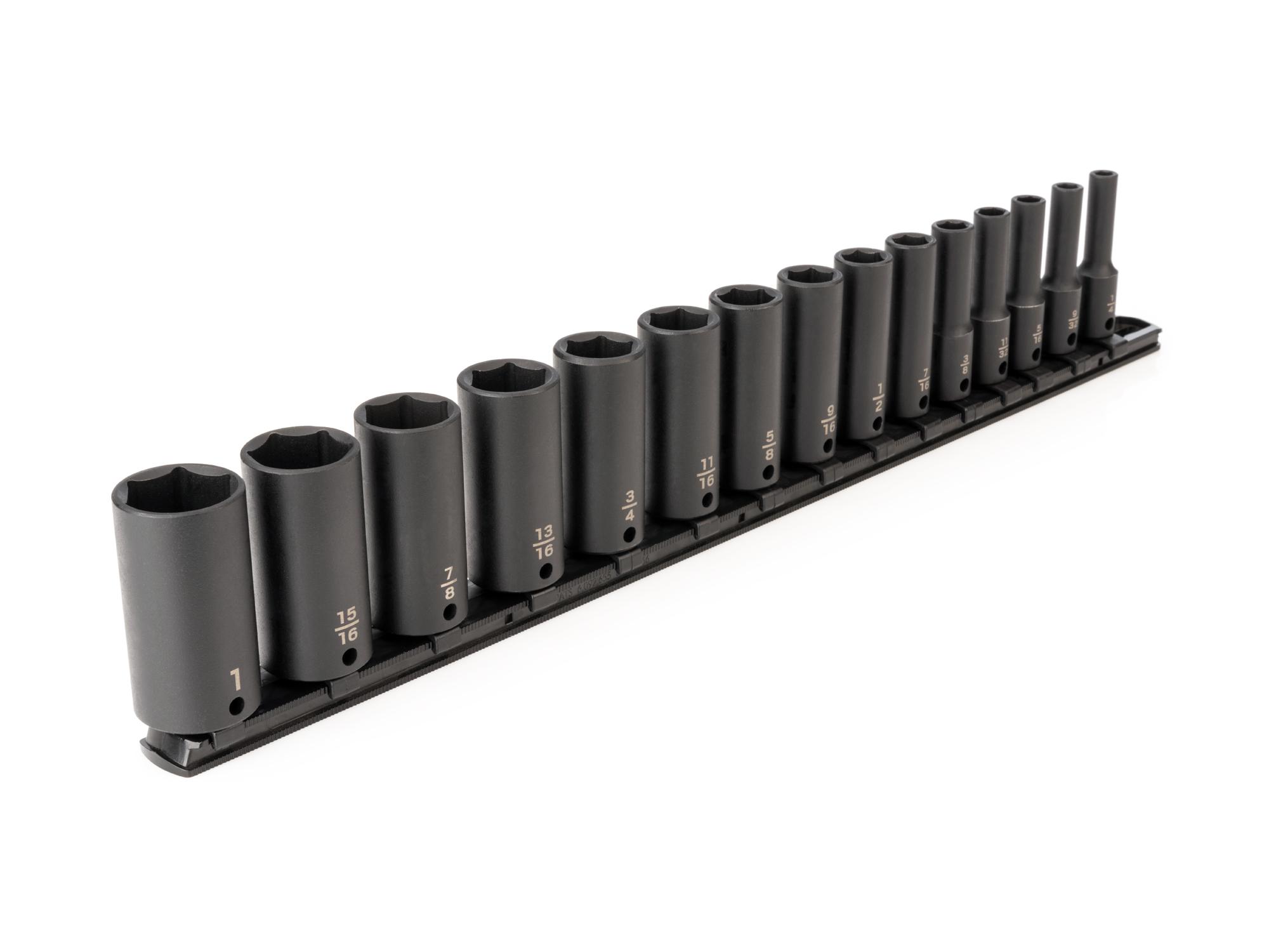 Front-right angle view of Tekton rail impact drive 6-point socket set. Item #SID91105