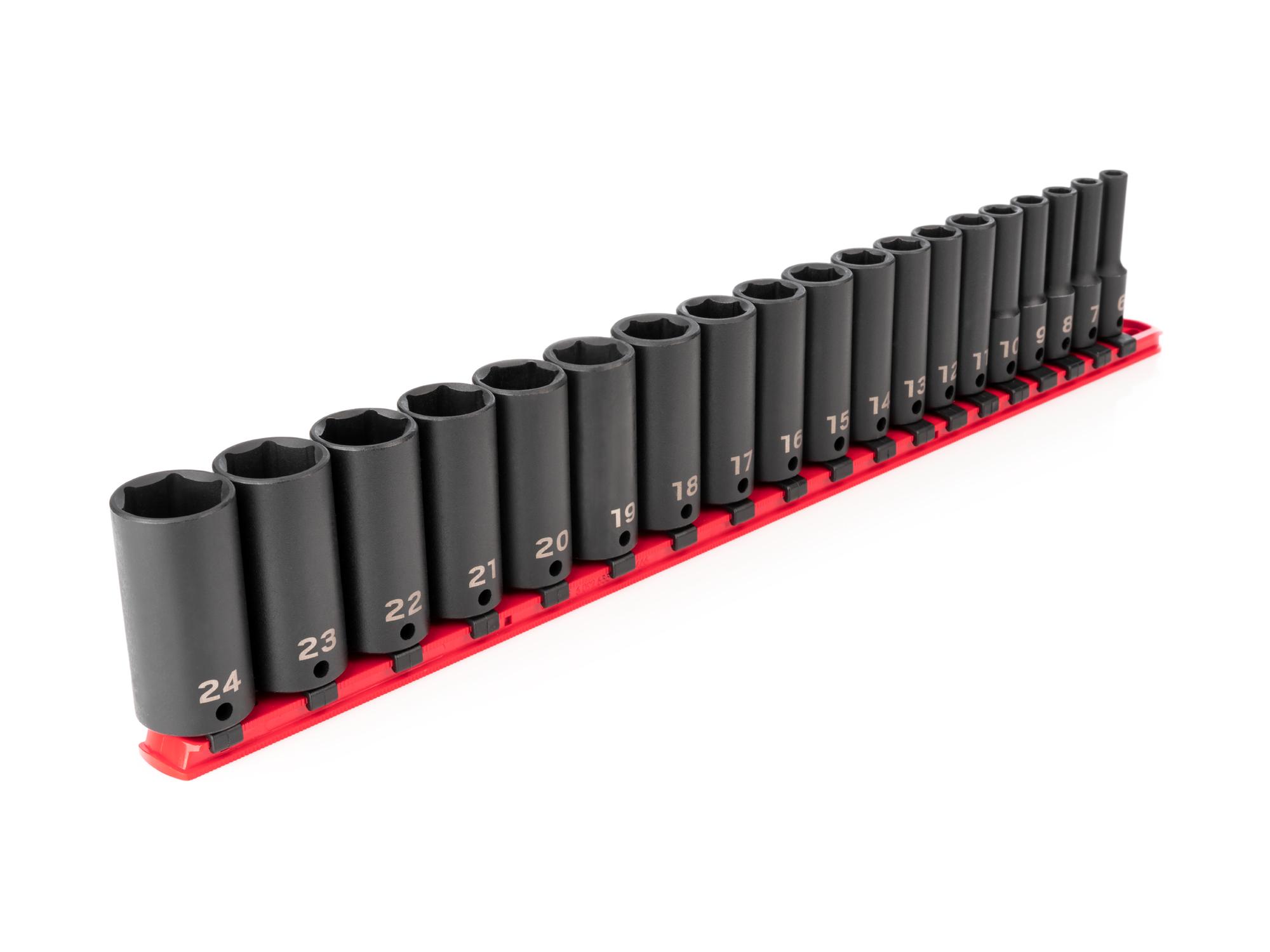 Front-right angle view of Tekton rail impact drive 6-point socket set. Item #SID91107