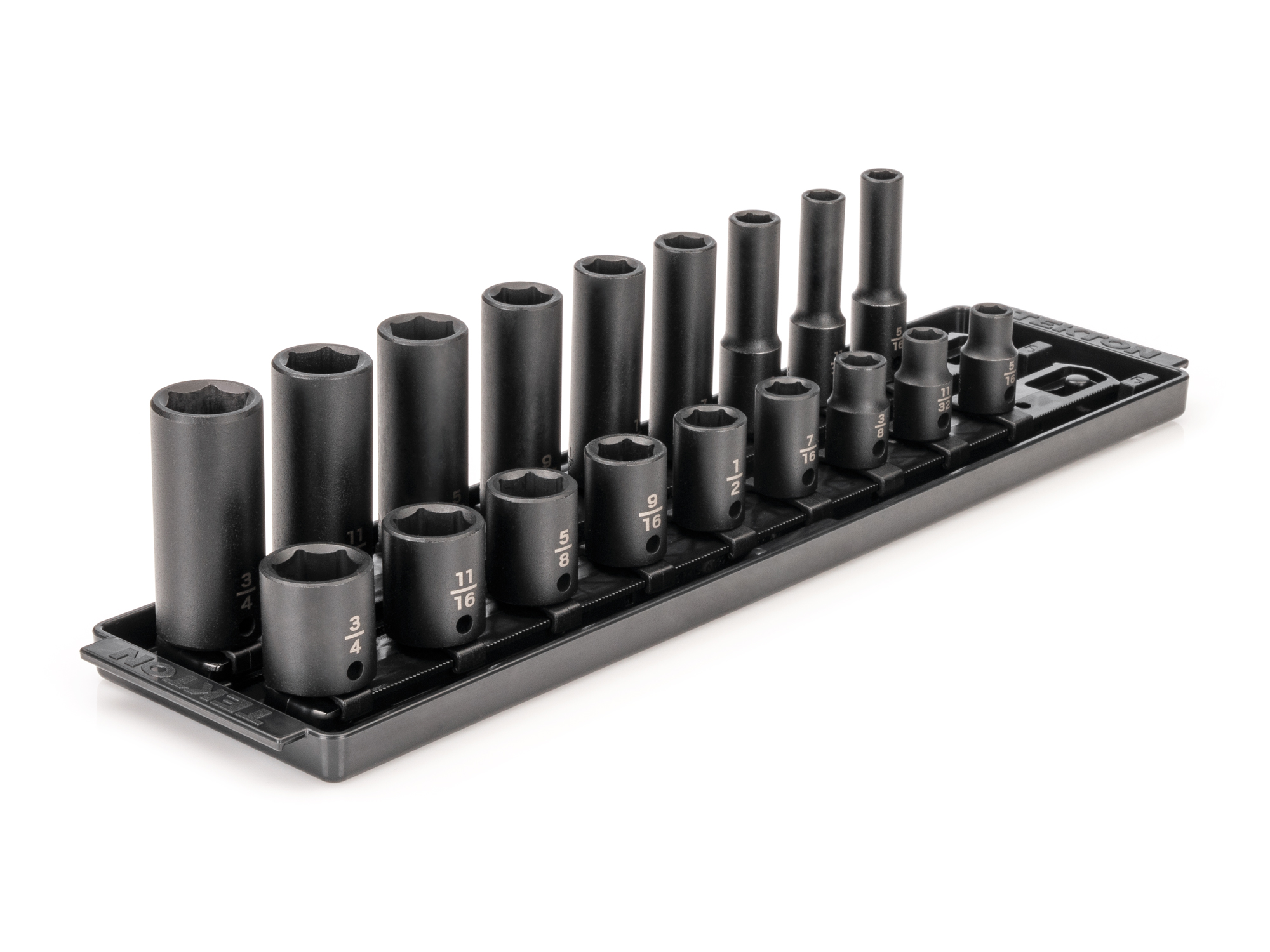 TEKTON 3/8 Inch Drive 6-Point Impact Socket Set with Rails and Tray, 18-Piece (5/16-3/4 in.)