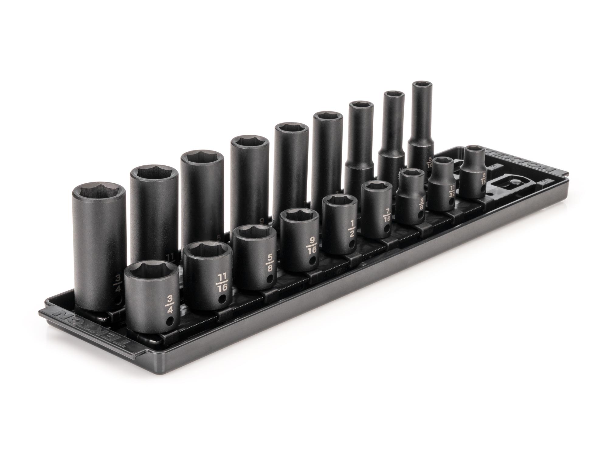 3/8 Inch Drive Shallow and Deep 6-Point Impact Socket Set with Rails and Tray (18-Piece)