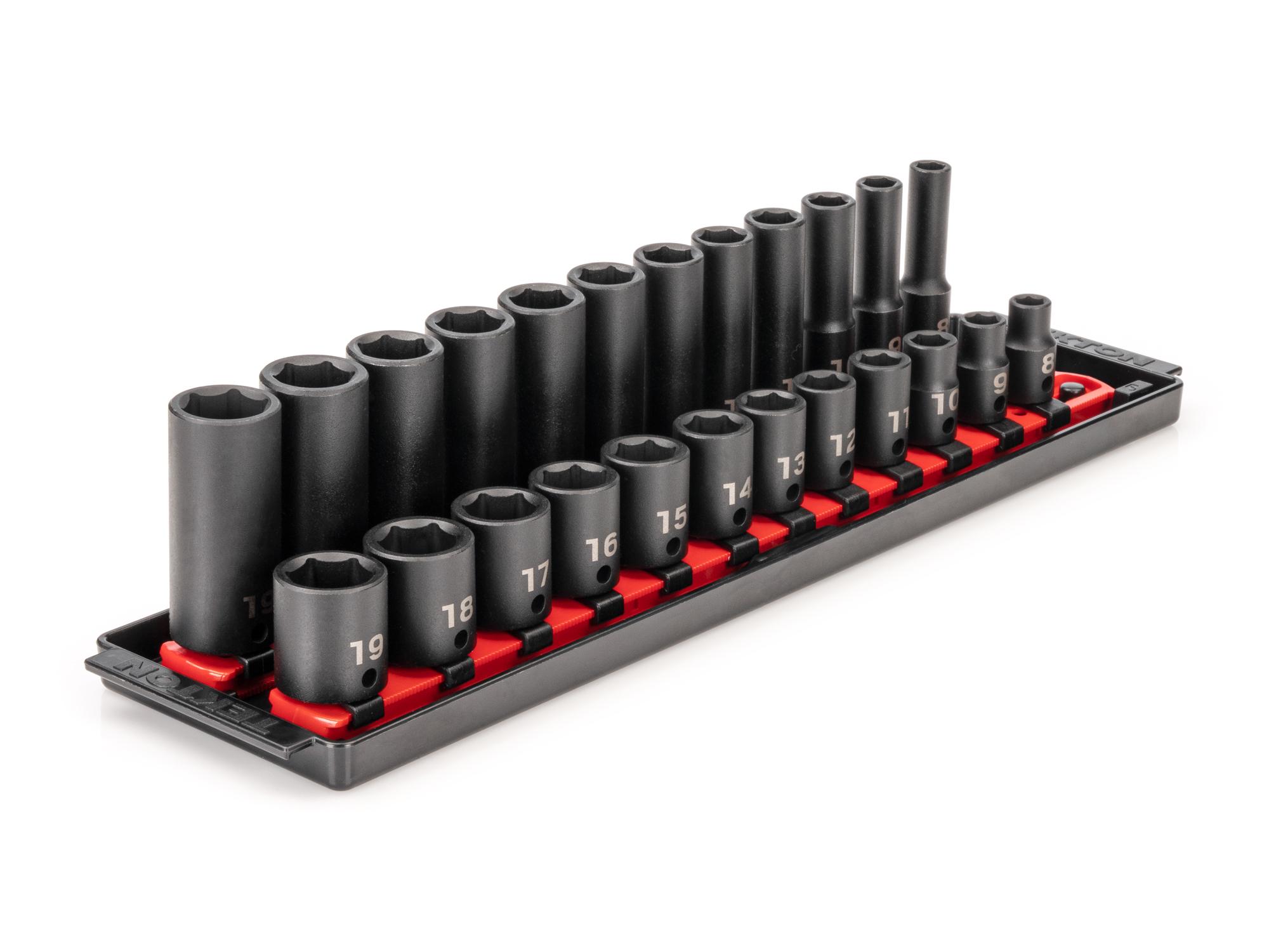 3/8 Inch Drive Shallow and Deep 6-Point Impact Socket Set with Rails and Tray (24-Piece)