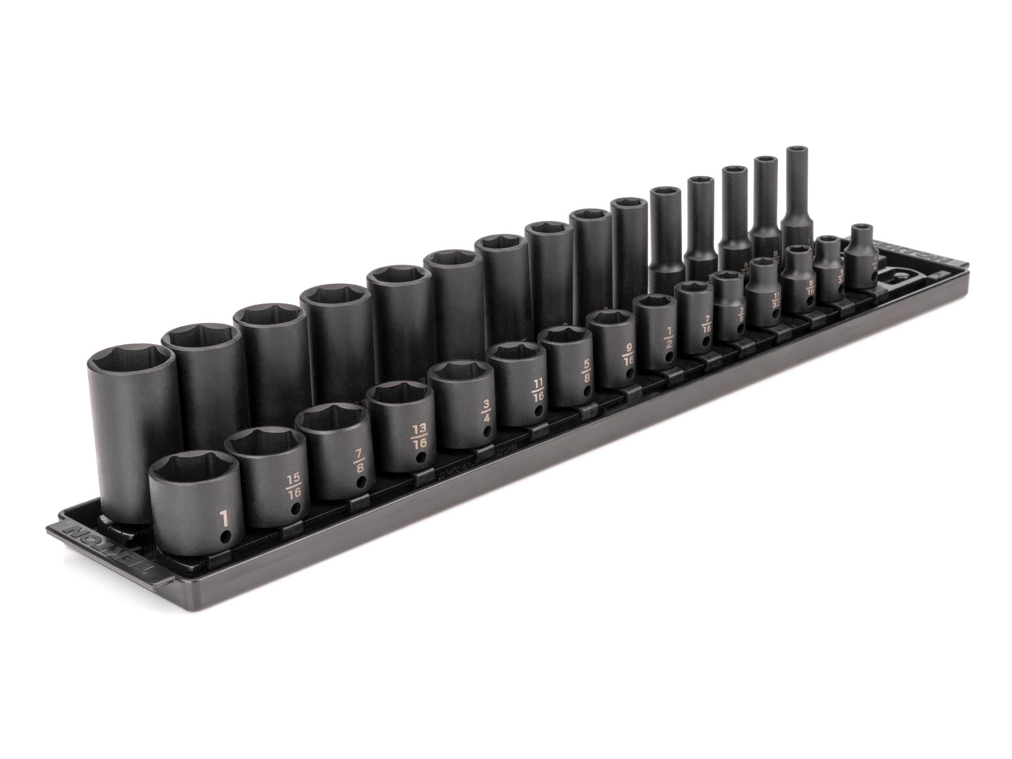 3/8 Inch Drive Shallow and Deep 6-Point Impact Socket Set with Rails and Tray (30-Piece)