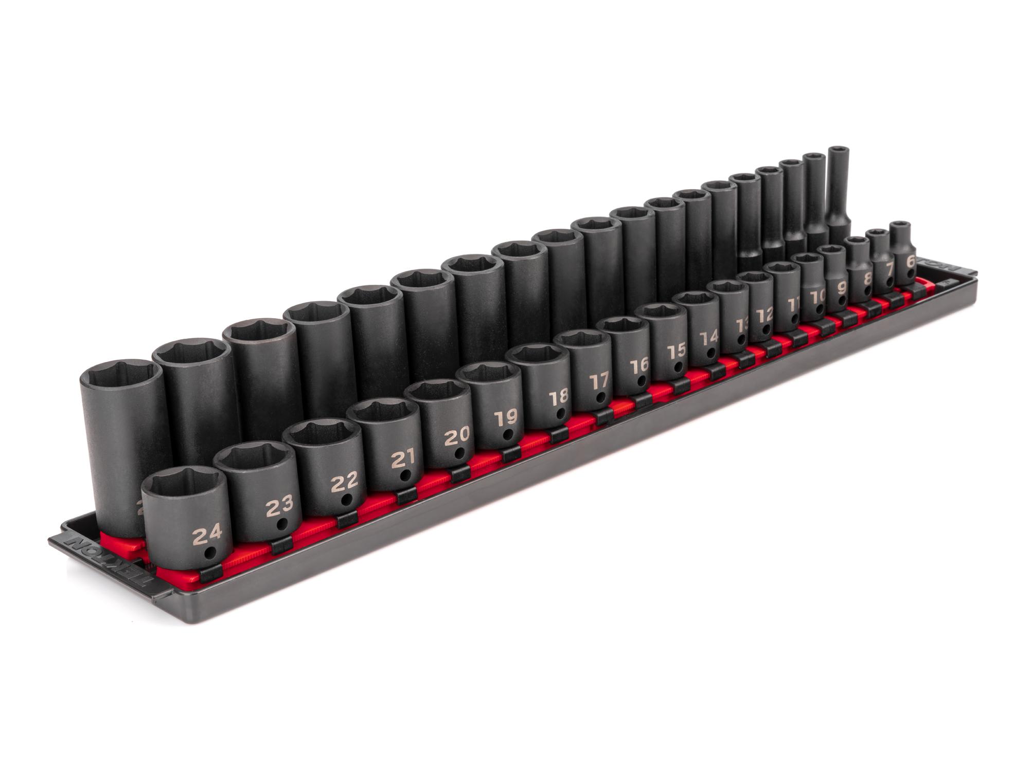 3/8 Inch Drive Shallow and Deep 6-Point Impact Socket Set with Rails and Tray (38-Piece)