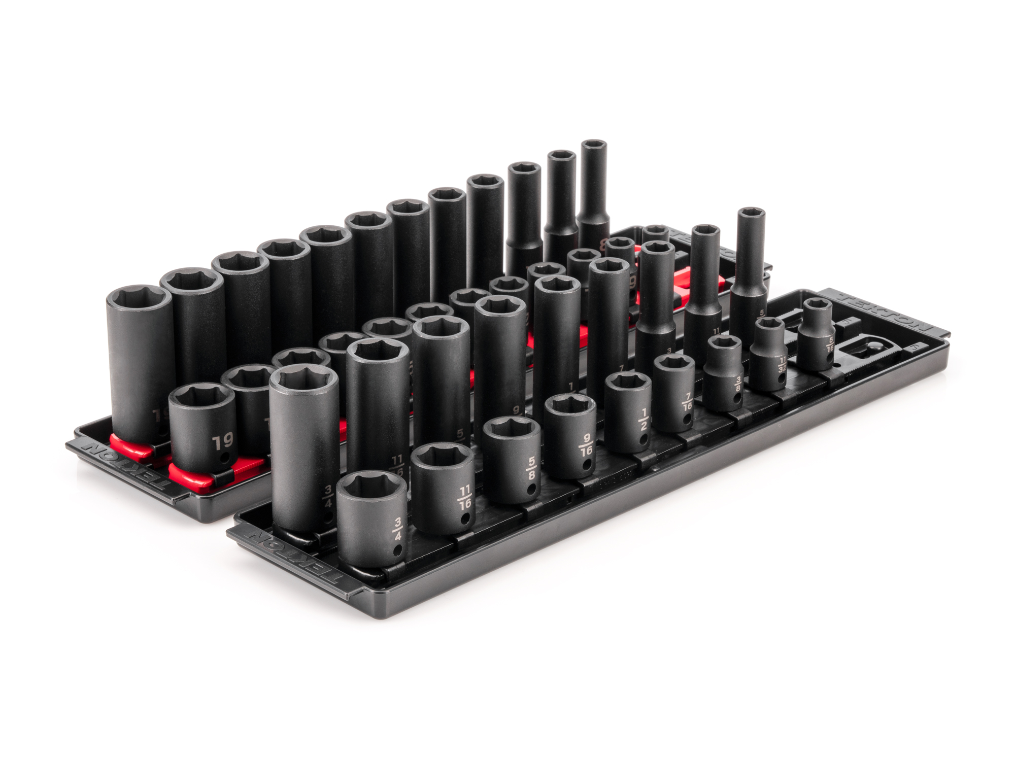 TEKTON 3/8 Inch Drive 6-Point Impact Socket Set with Rails and Trays, 42-Piece (5/16-3/4 in., 8-19 mm)