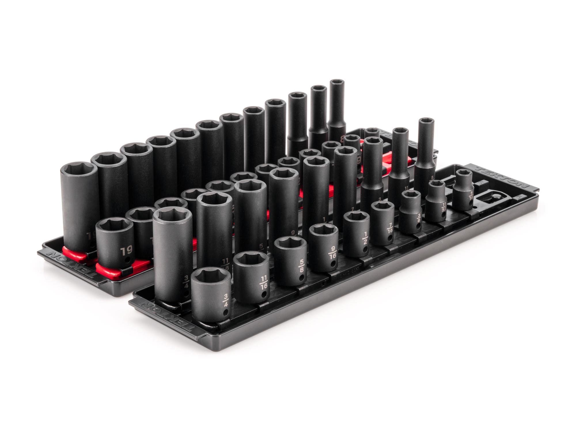 3/8 Inch Drive Shallow and Deep 6-Point Impact Socket Set with Rails and Trays (42-Piece)