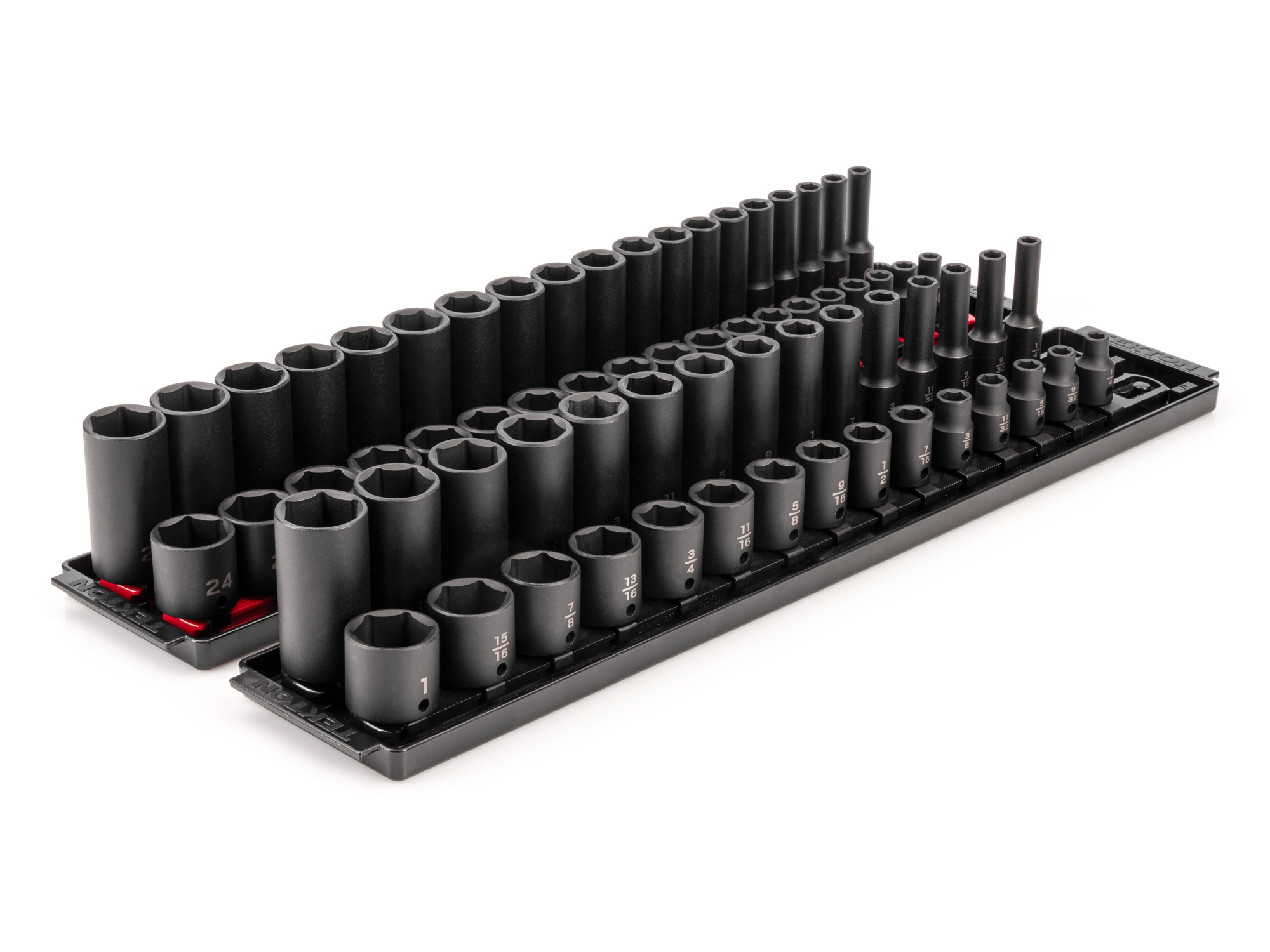 TEKTON 3/8 Inch Drive 6-Point Impact Socket Set with Rails and Trays, 68-Piece (1/4-1 in., 6-24 mm)