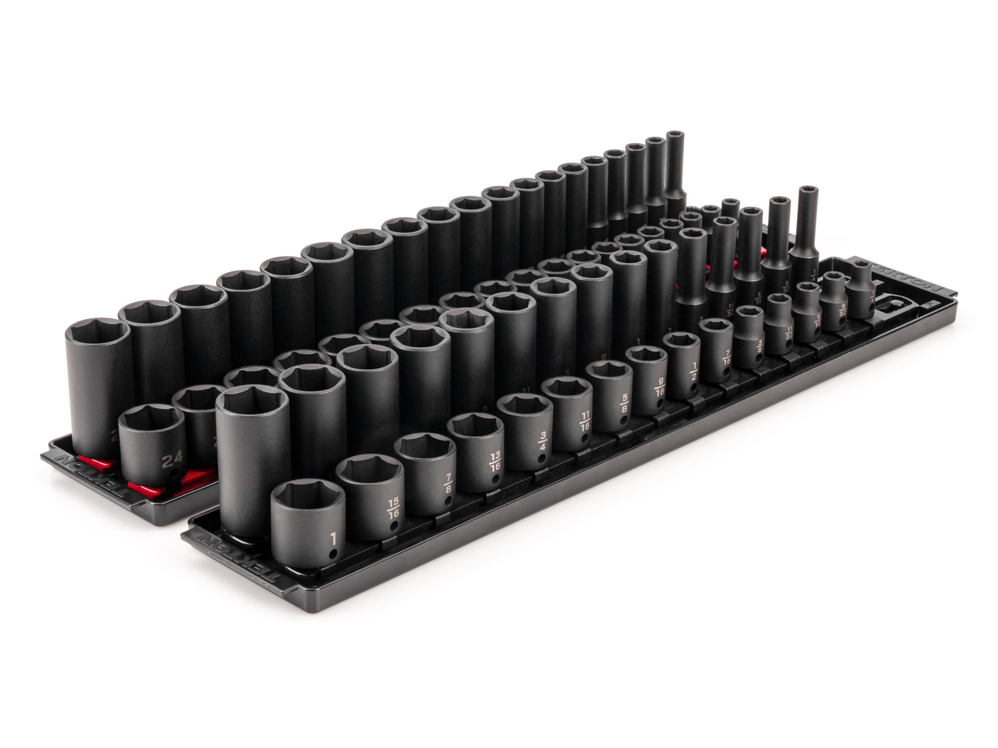 3/8 Inch Drive Shallow and Deep 6-Point Impact Socket Set with Rails and Trays (68-Piece)