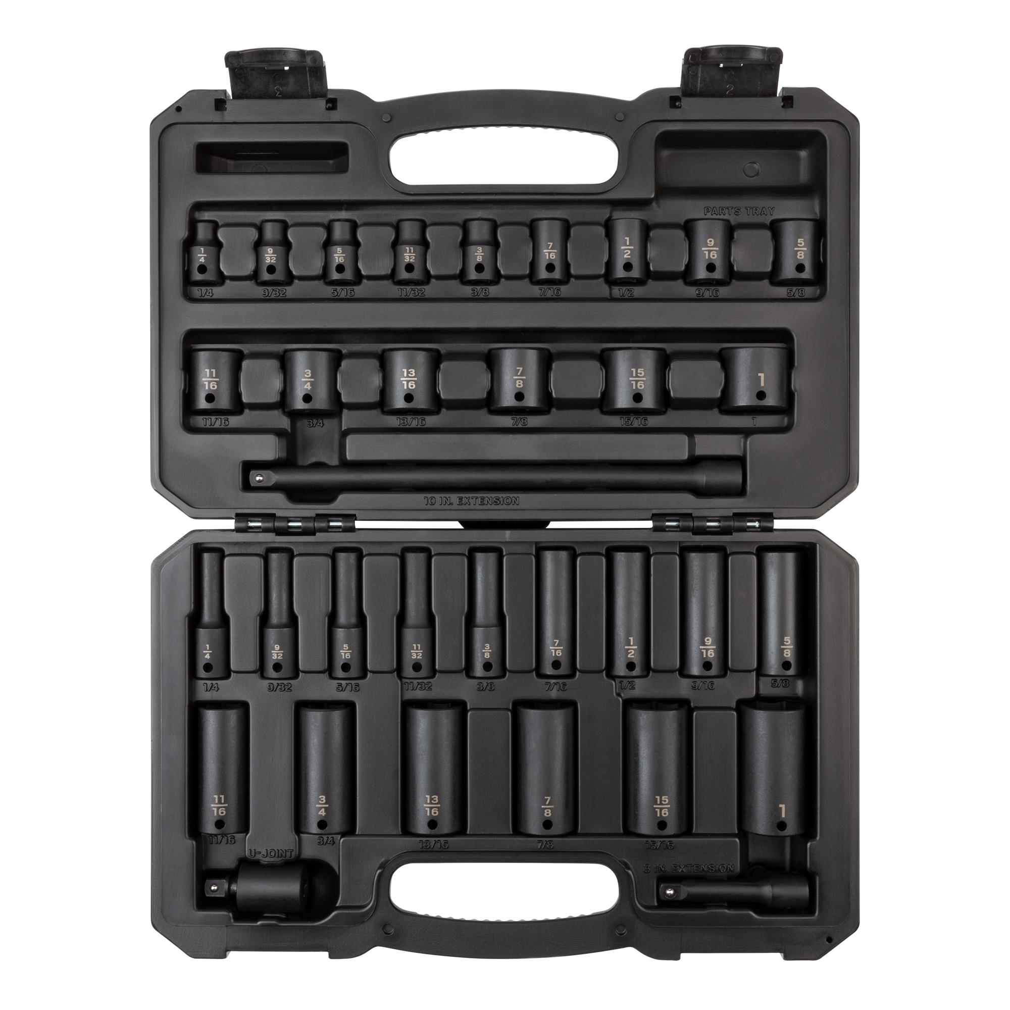 3/8 Inch Drive Shallow and Deep 6-Point Impact Socket and Accessory Set with Case (33-Piece)