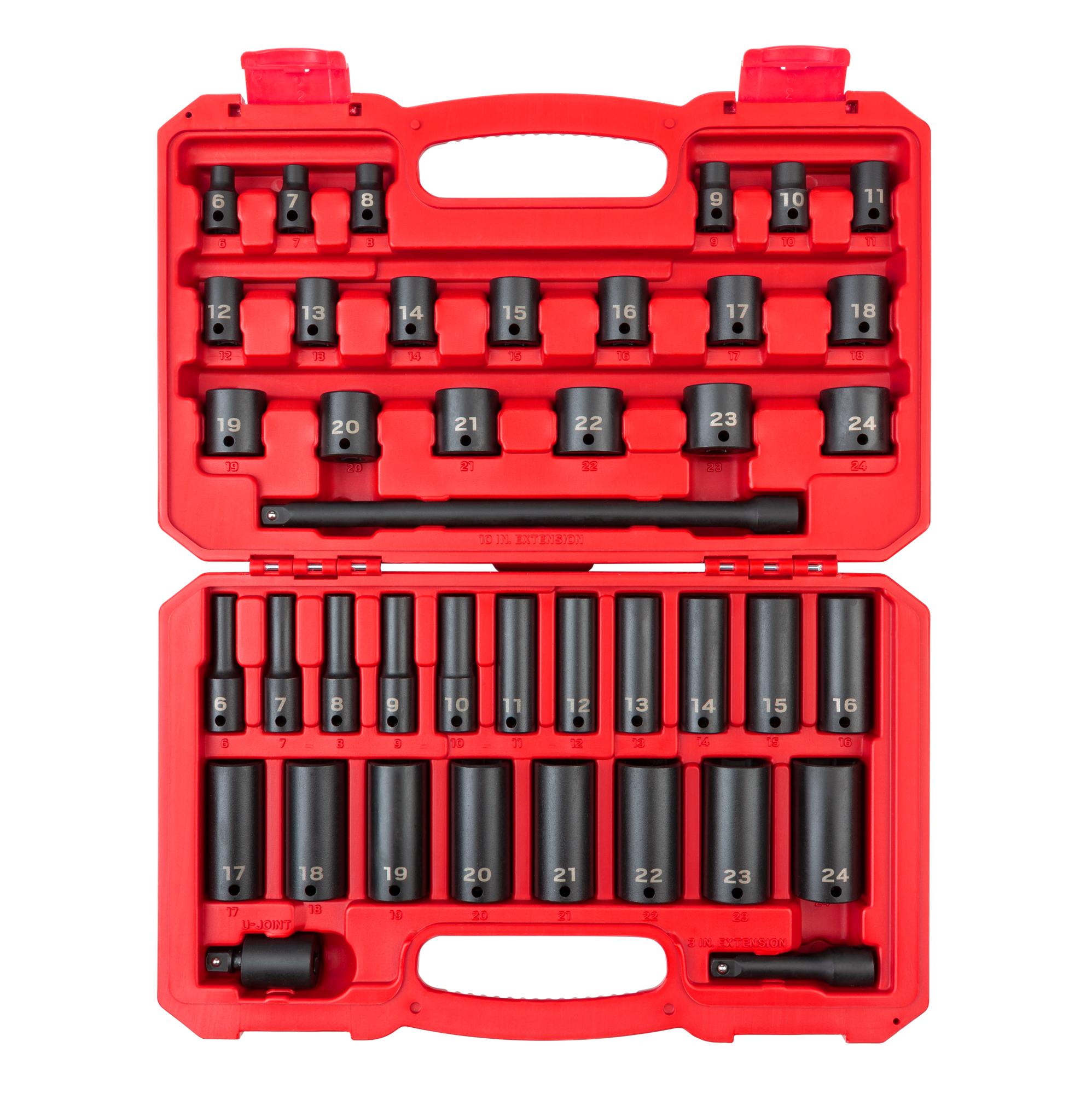 3/8 Inch Drive Shallow and Deep 6-Point Impact Socket and Accessory Set with Case (41-Piece)