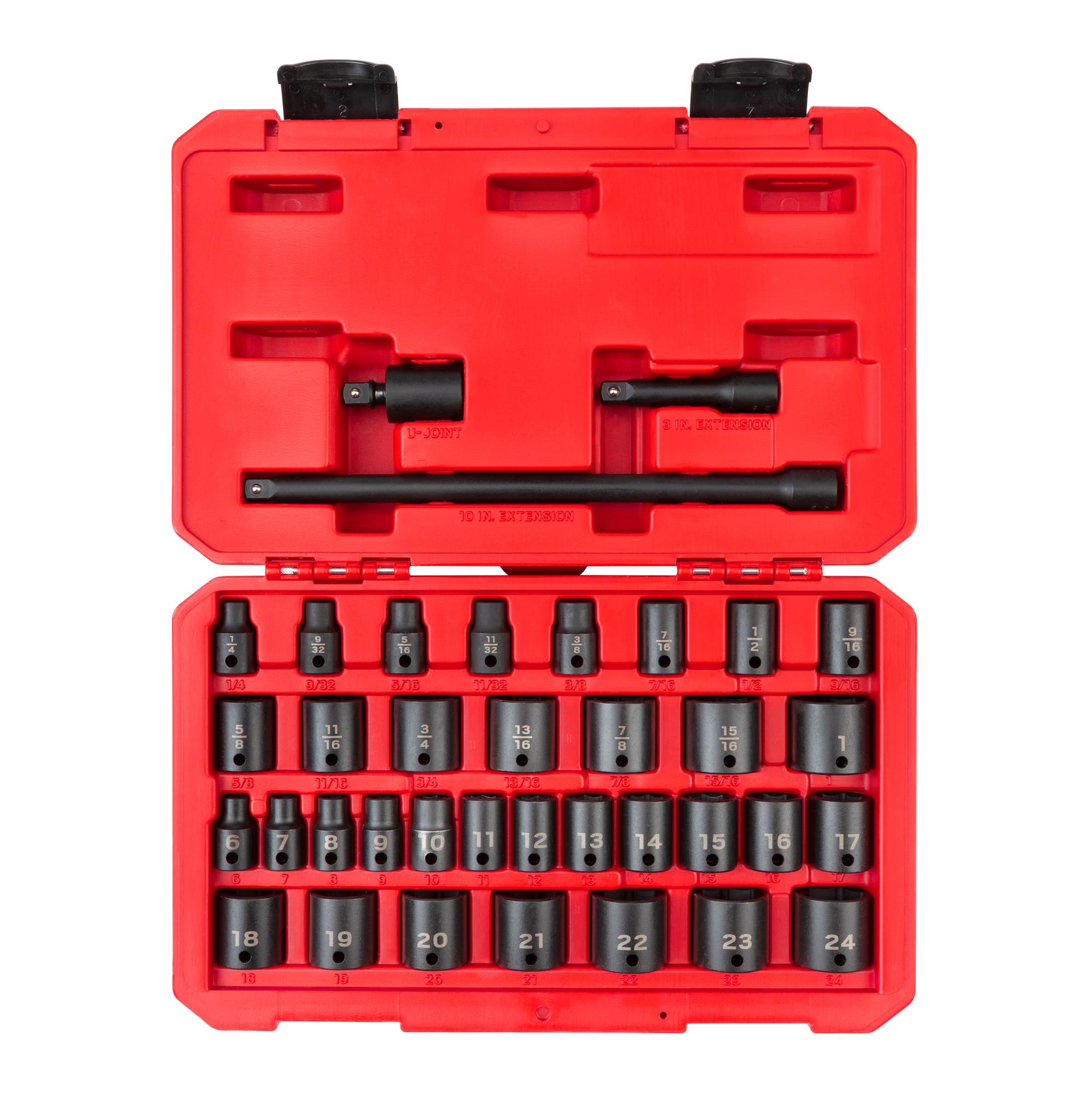 3/8 Inch Drive Shallow 6-Point Impact Socket and Accessory Set with Case (37-Piece)
