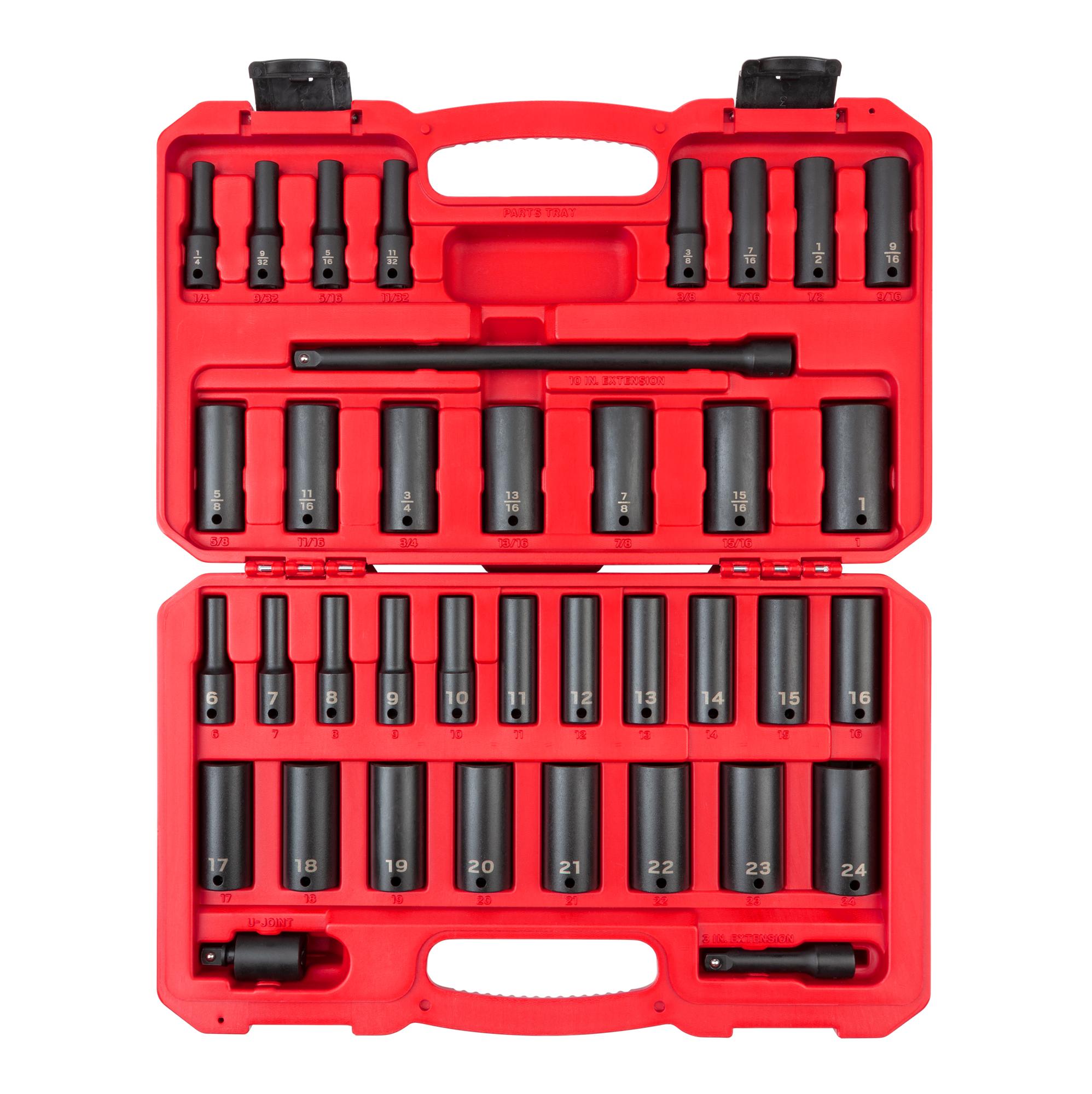 3/8 Inch Drive Deep 6-Point Impact Socket and Accessory Set with Case (37-Piece)