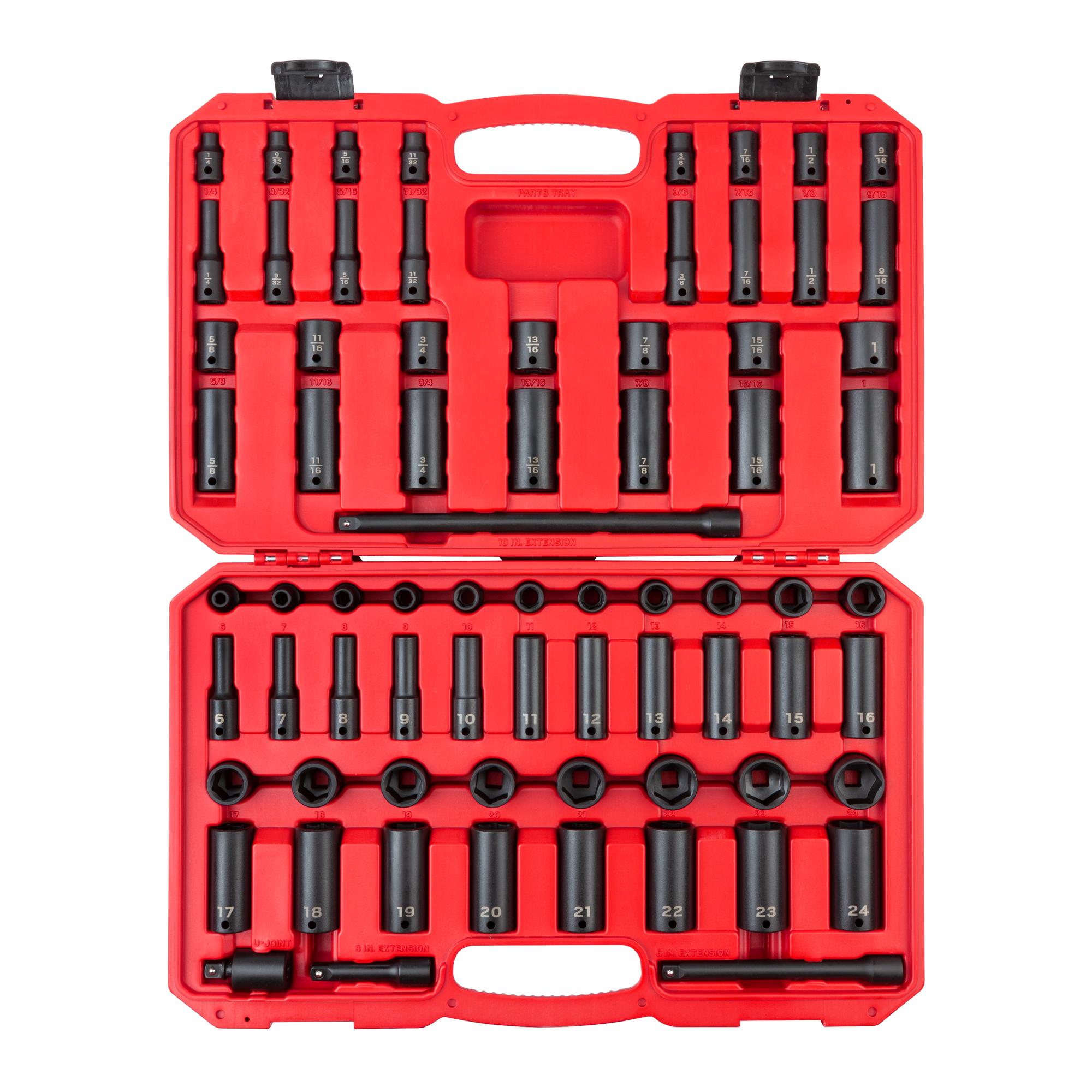 3/8 Inch Drive Shallow and Deep 6-Point Impact Socket and Accessory Set with Case (72-Piece)