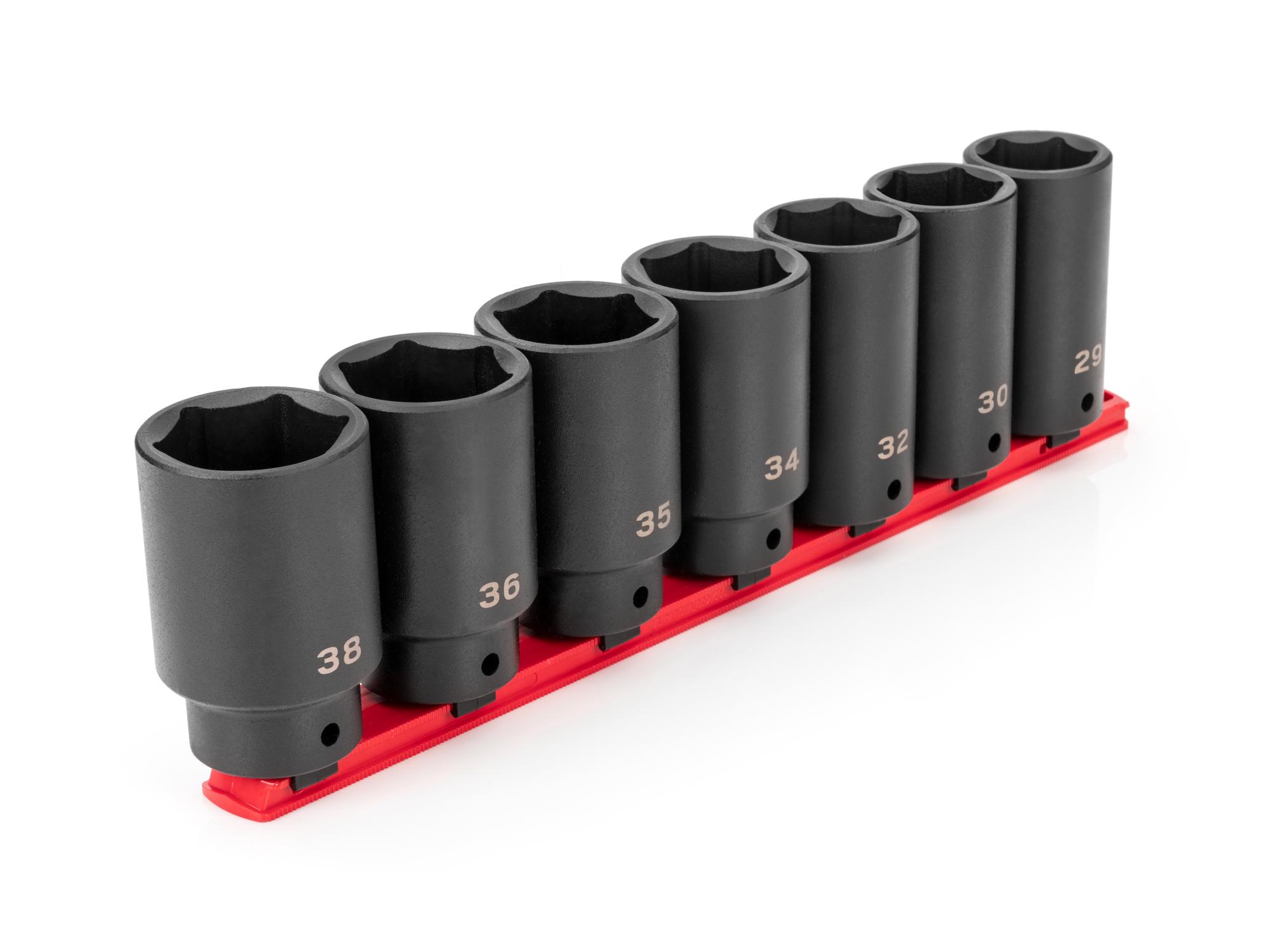 Front-right angle view of Tekton rail impact drive 6-point socket set. Item #SID92101