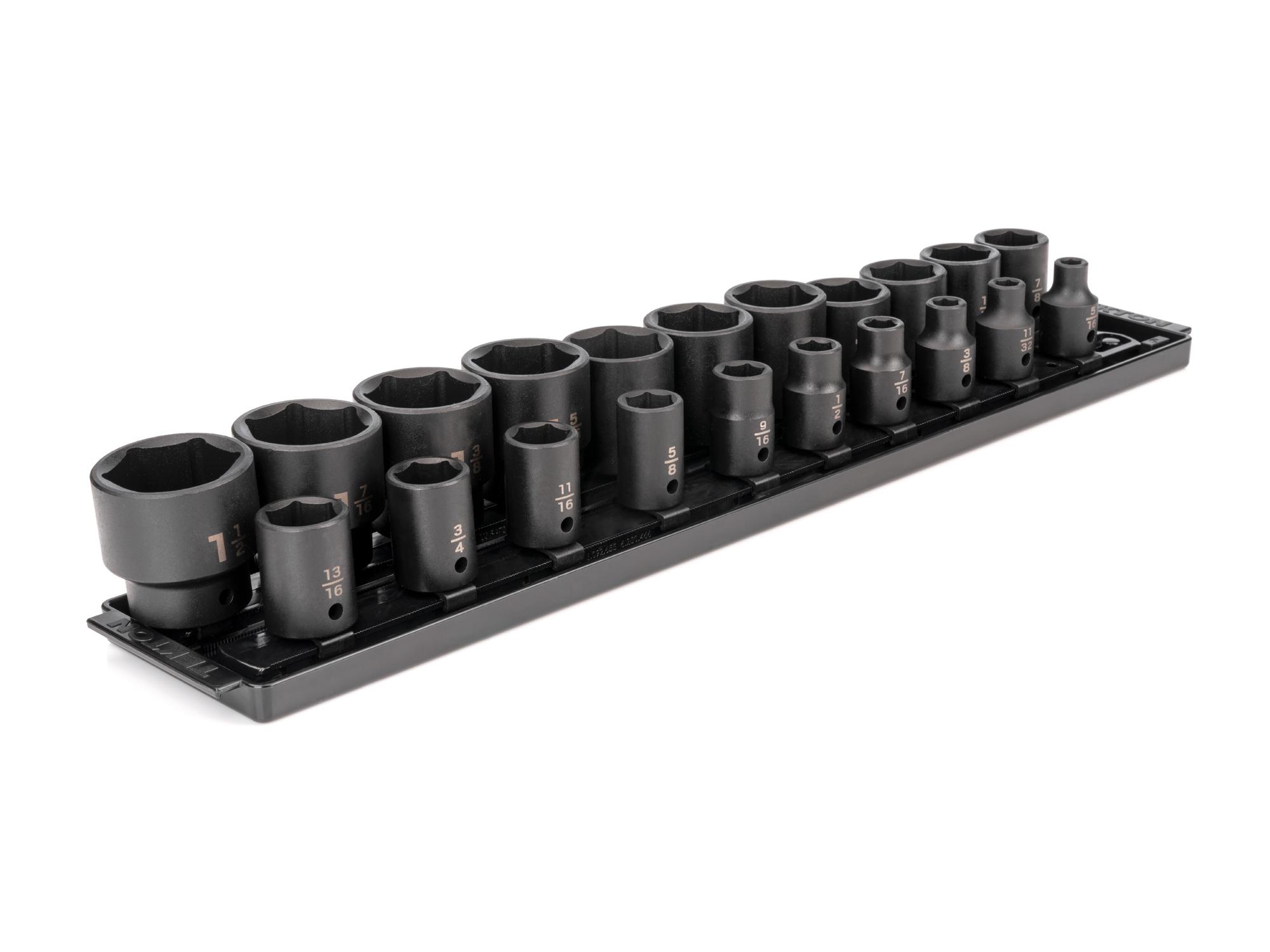 Front-right angle view of Tekton rail impact drive 6-point socket set. Item #SID92102
