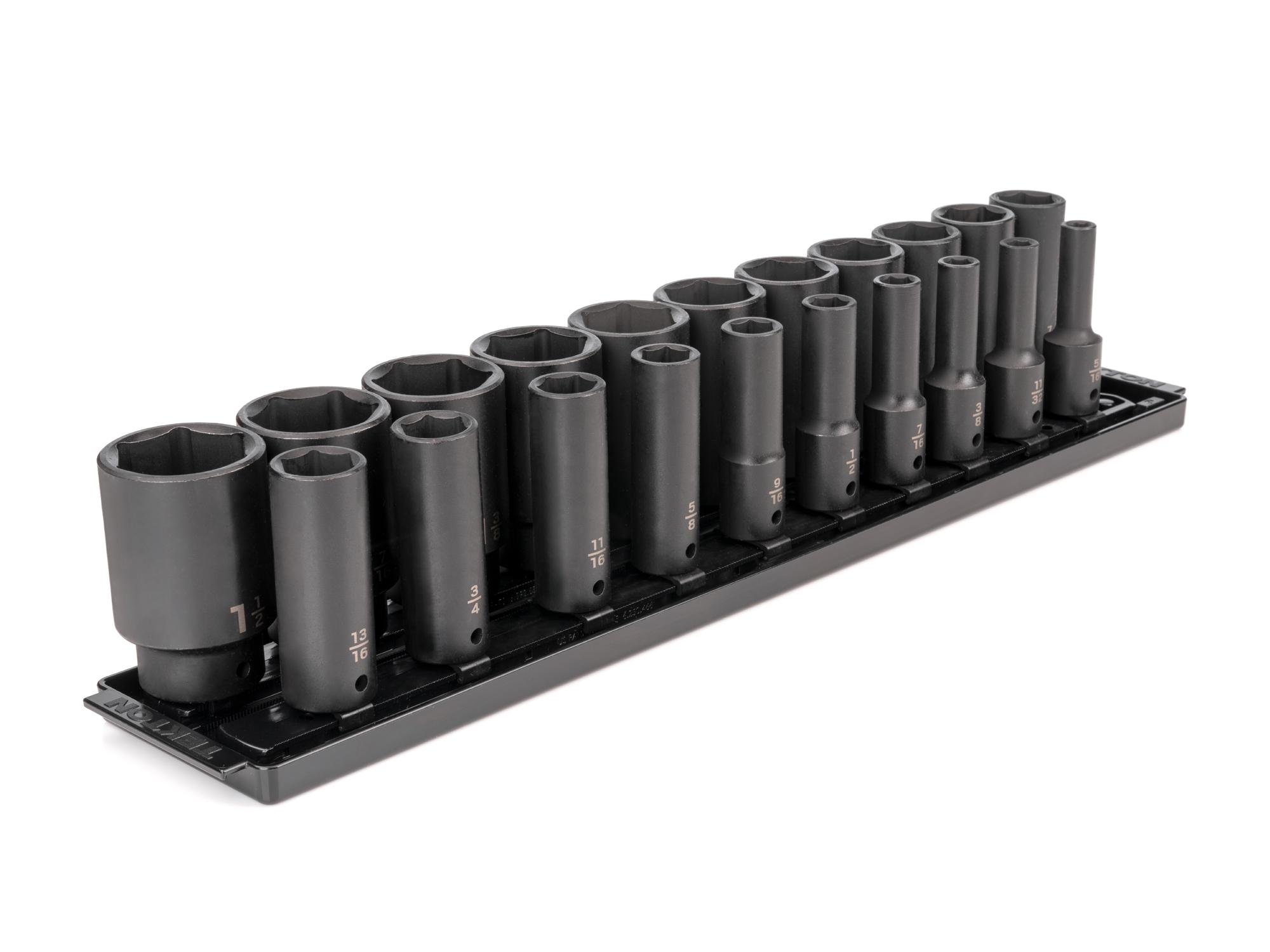 Front-right angle view of Tekton rail impact drive 6-point socket set. Item #SID92103