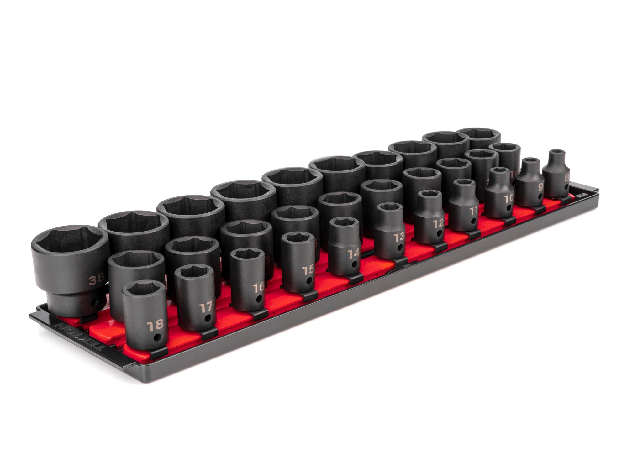 Front-right angle view of Tekton rail impact drive 6-point socket set. Item #SID92104