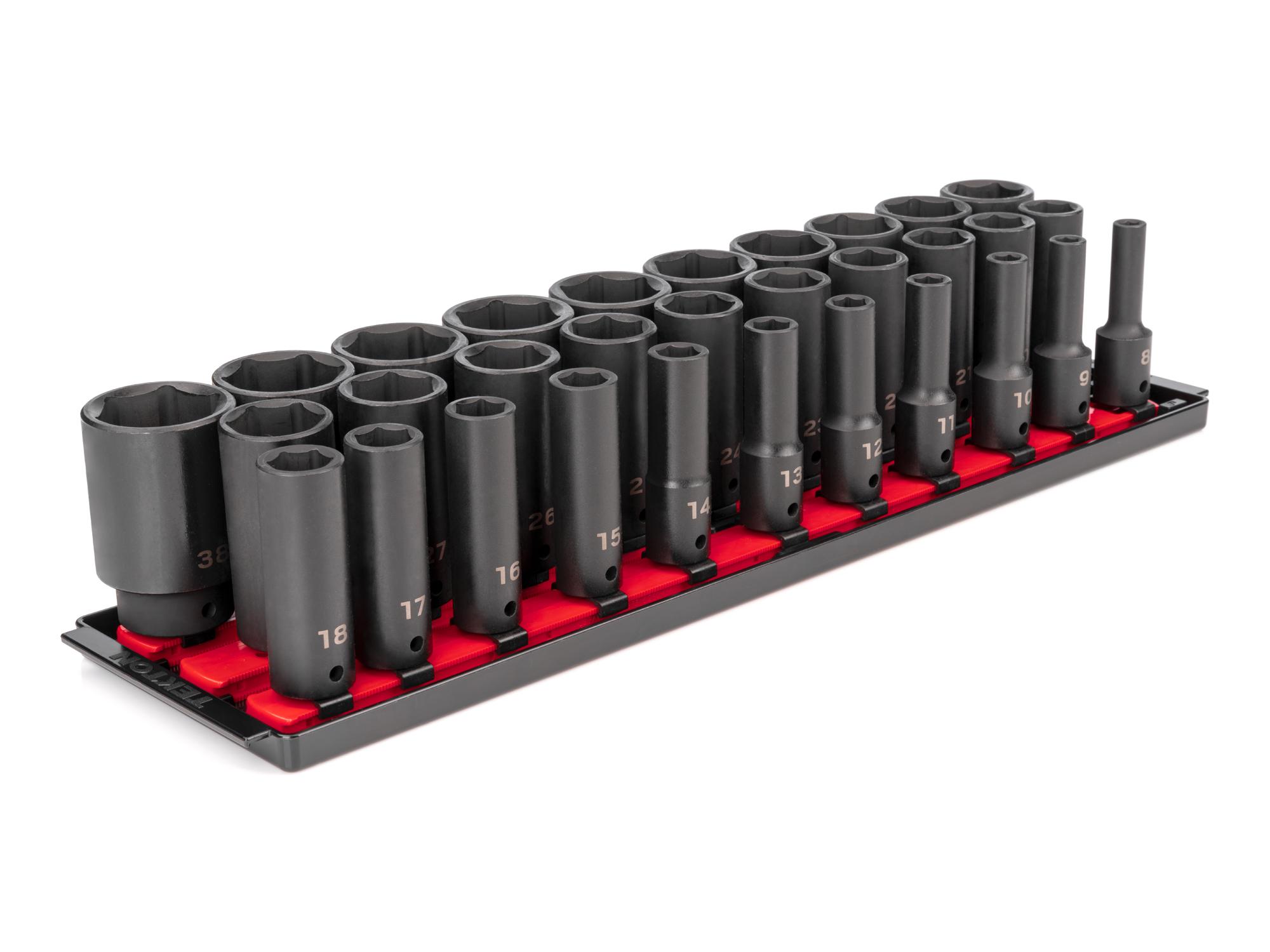 Front-right angle view of Tekton rail impact drive 6-point socket set. Item #SID92105