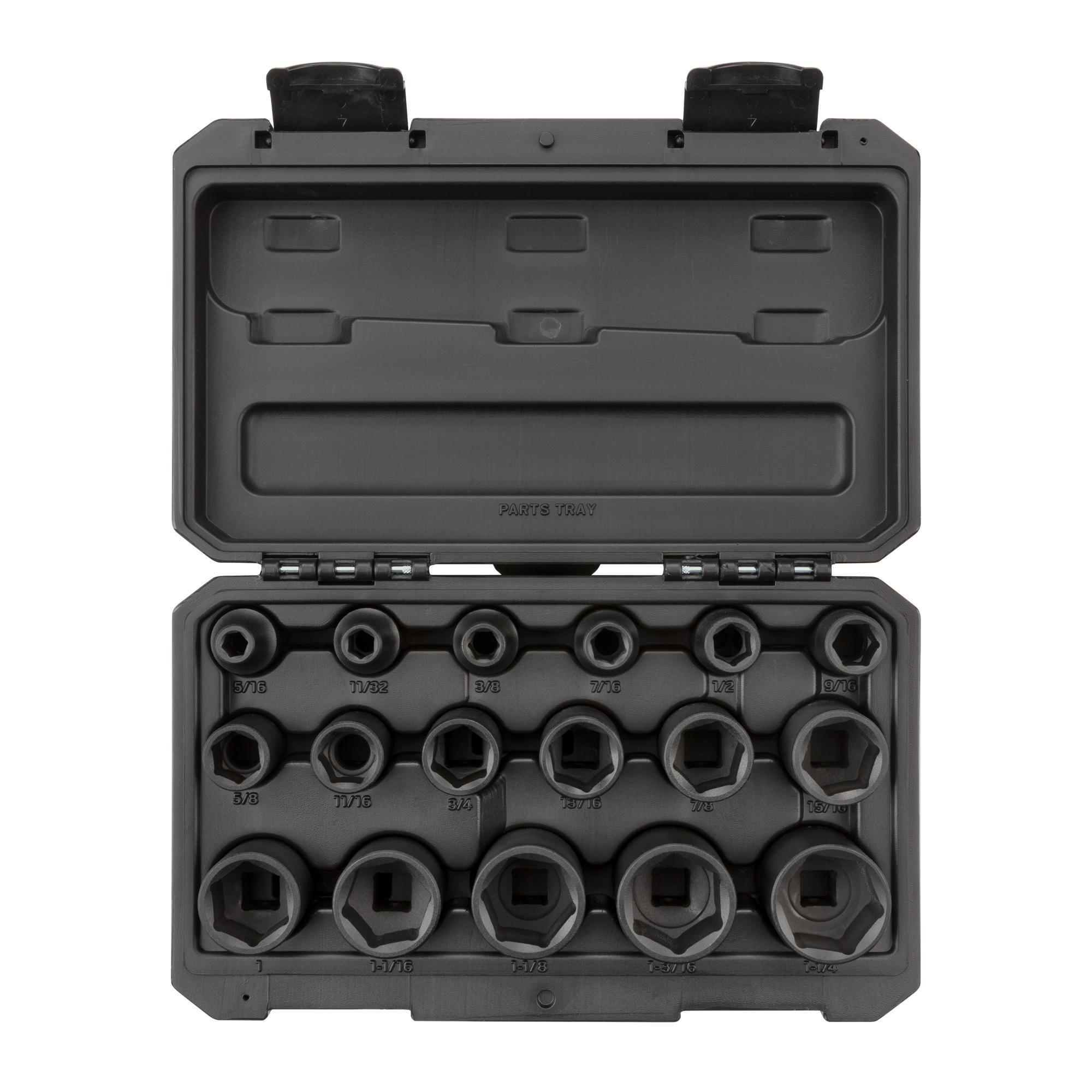 Front view of Tekton case impact drive 6-point socket set. Item #SID92301