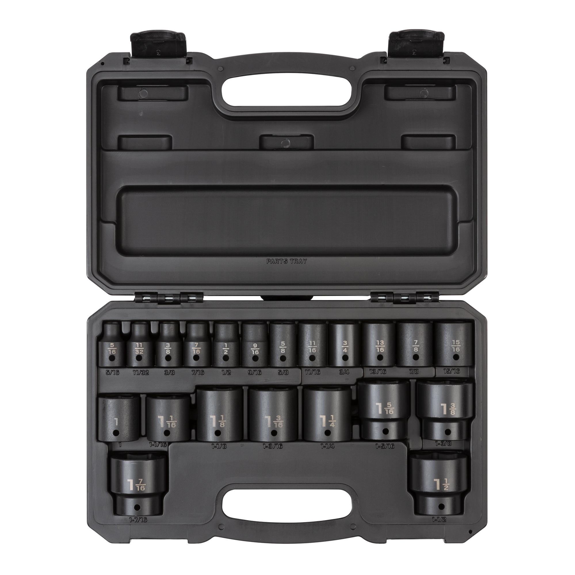 Front view of Tekton case impact drive 6-point socket set. Item #SID92302