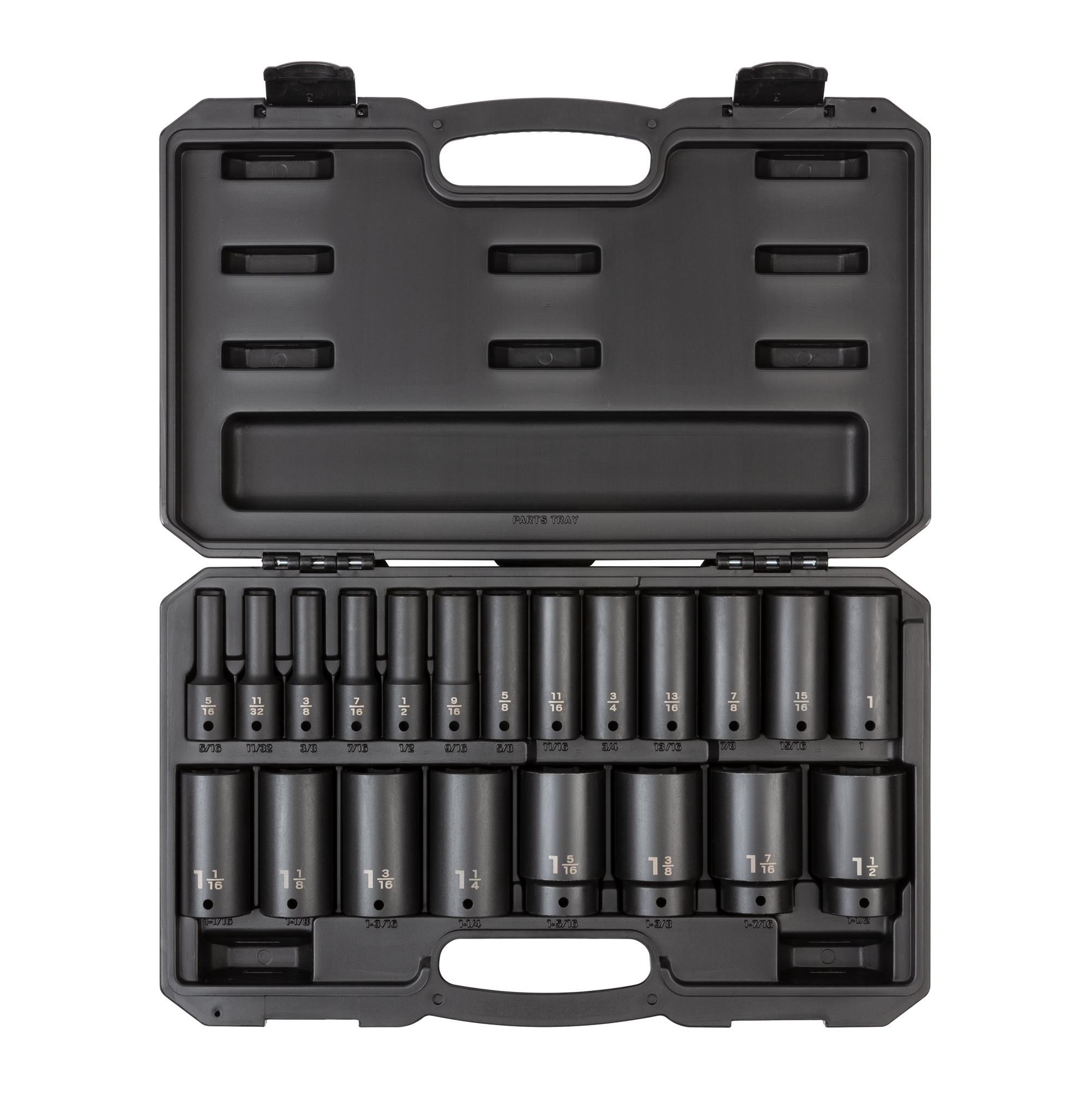 Front view of Tekton case impact drive 6-point socket set. Item #SID92306