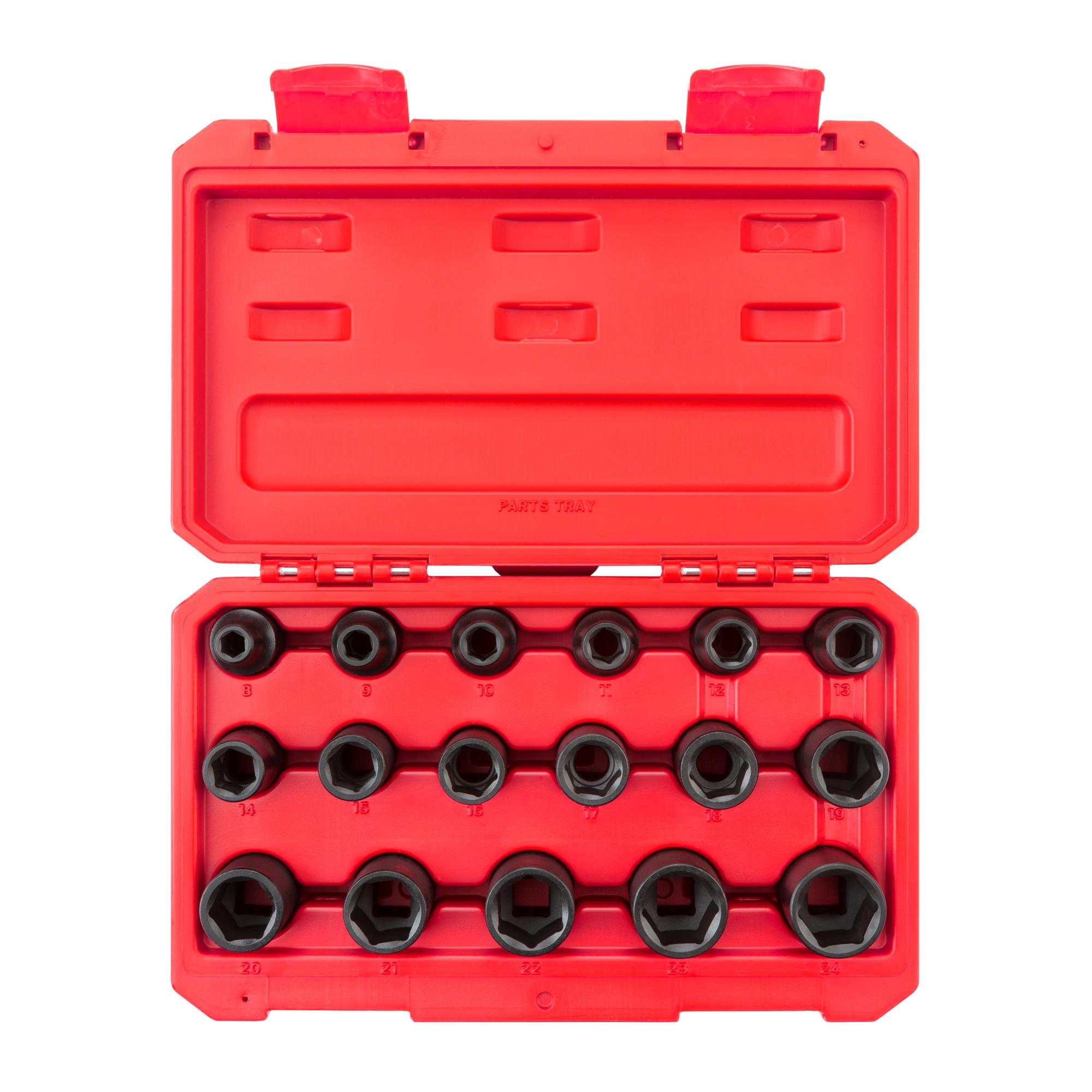 Front view of Tekton case impact drive 6-point socket set. Item #SID92321